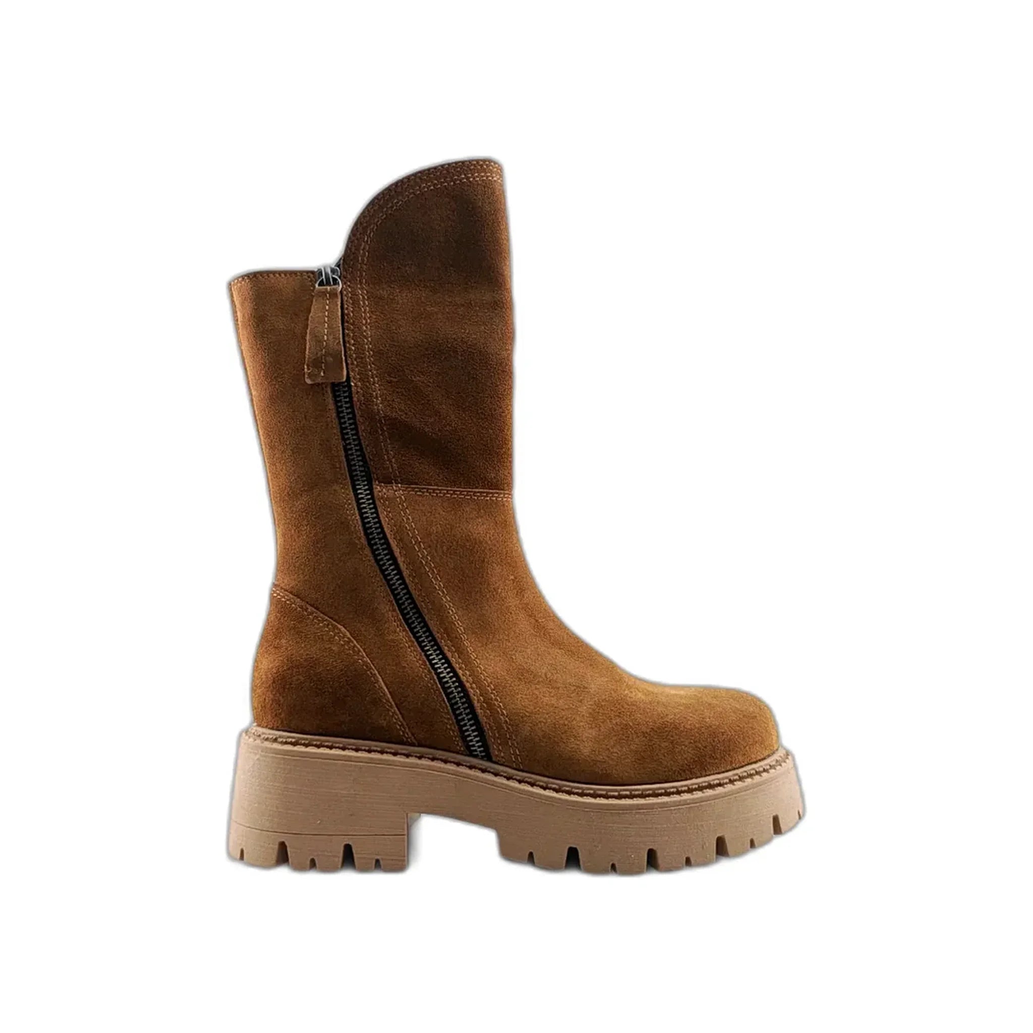 Brown suede mid-calf Wellington boot with chunky rubber sole and side zipper