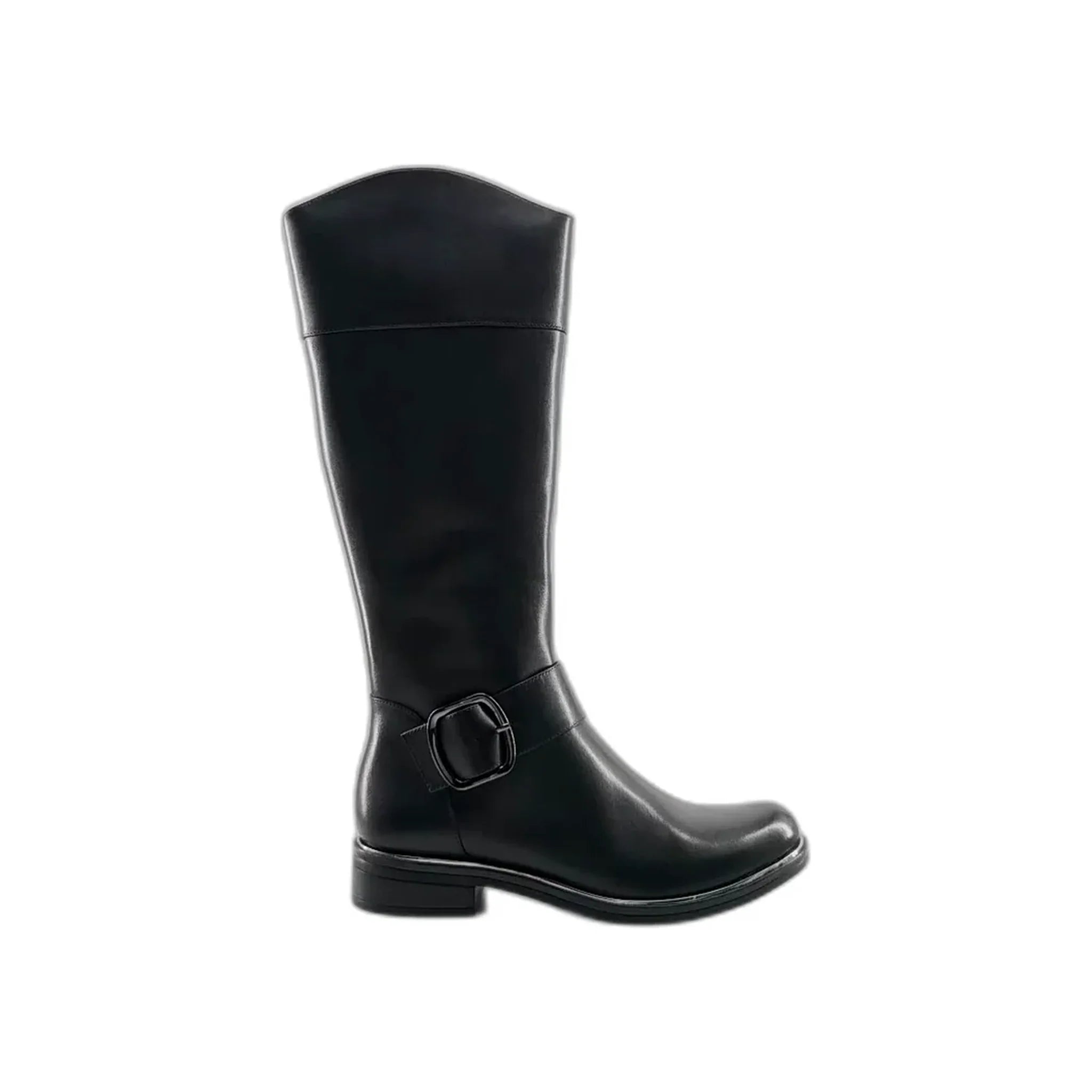 Black knee-high leather boot with block heel and side buckle detail, right side view