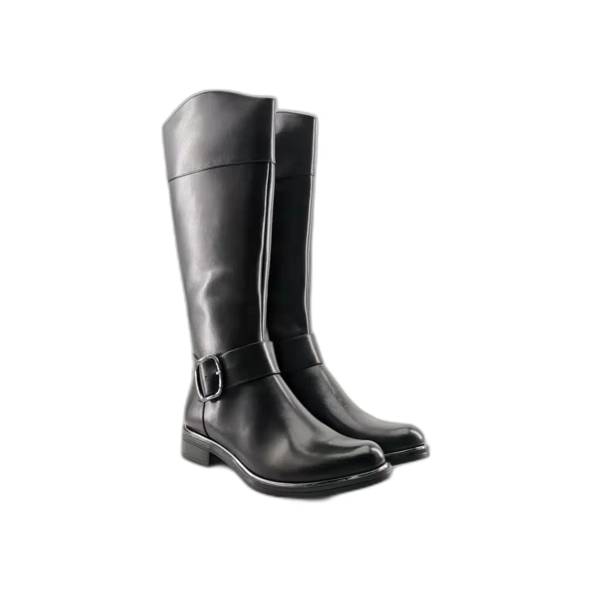 Pair of black mid-calf leather boots with side buckle and low heel, front angled view
