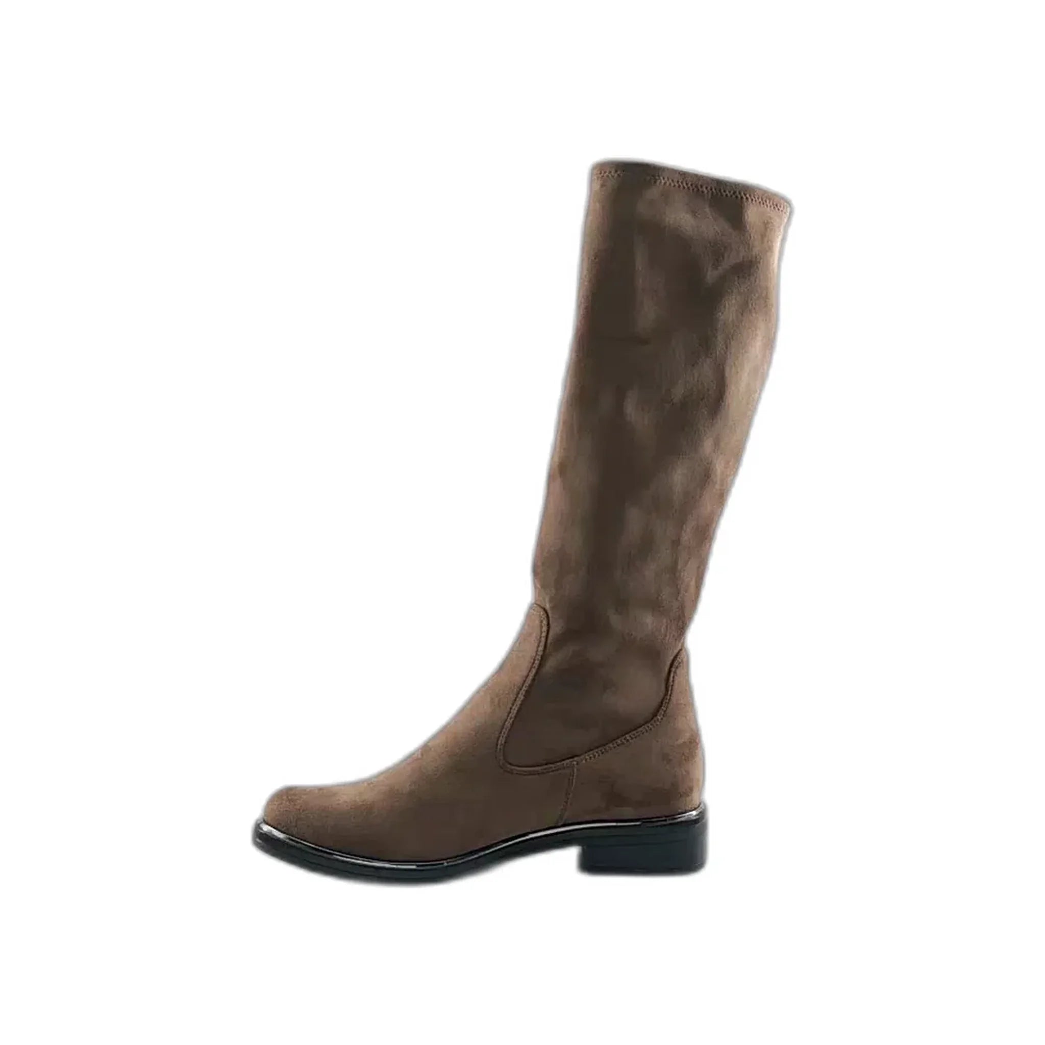 Brown suede knee-high boot with black sole and low heel, side view on white background