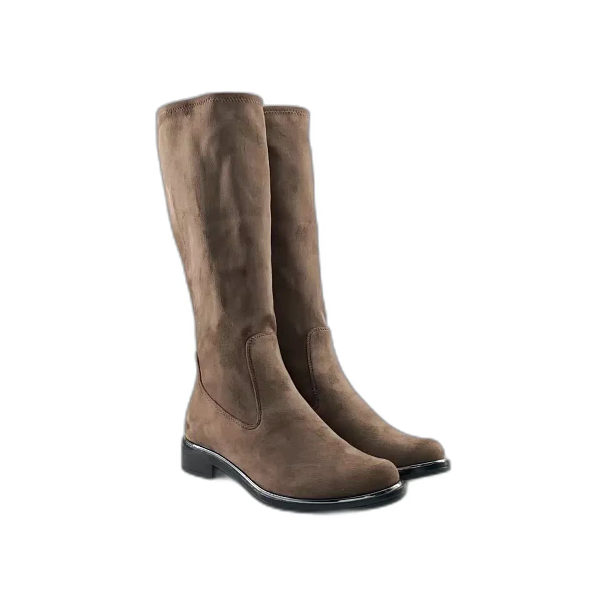 Pair of brown suede knee-high boots with black soles on white background