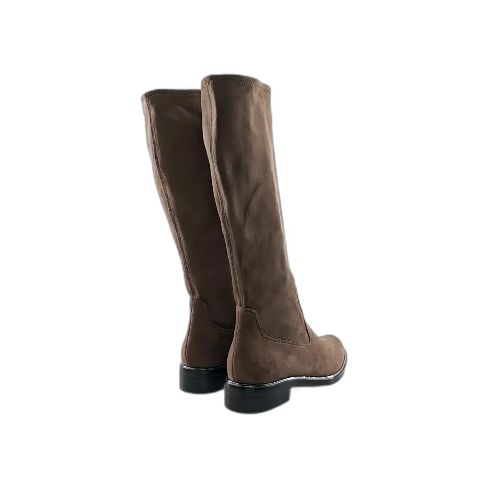 Pair of brown suede knee-high boots with black low heels shown from the back