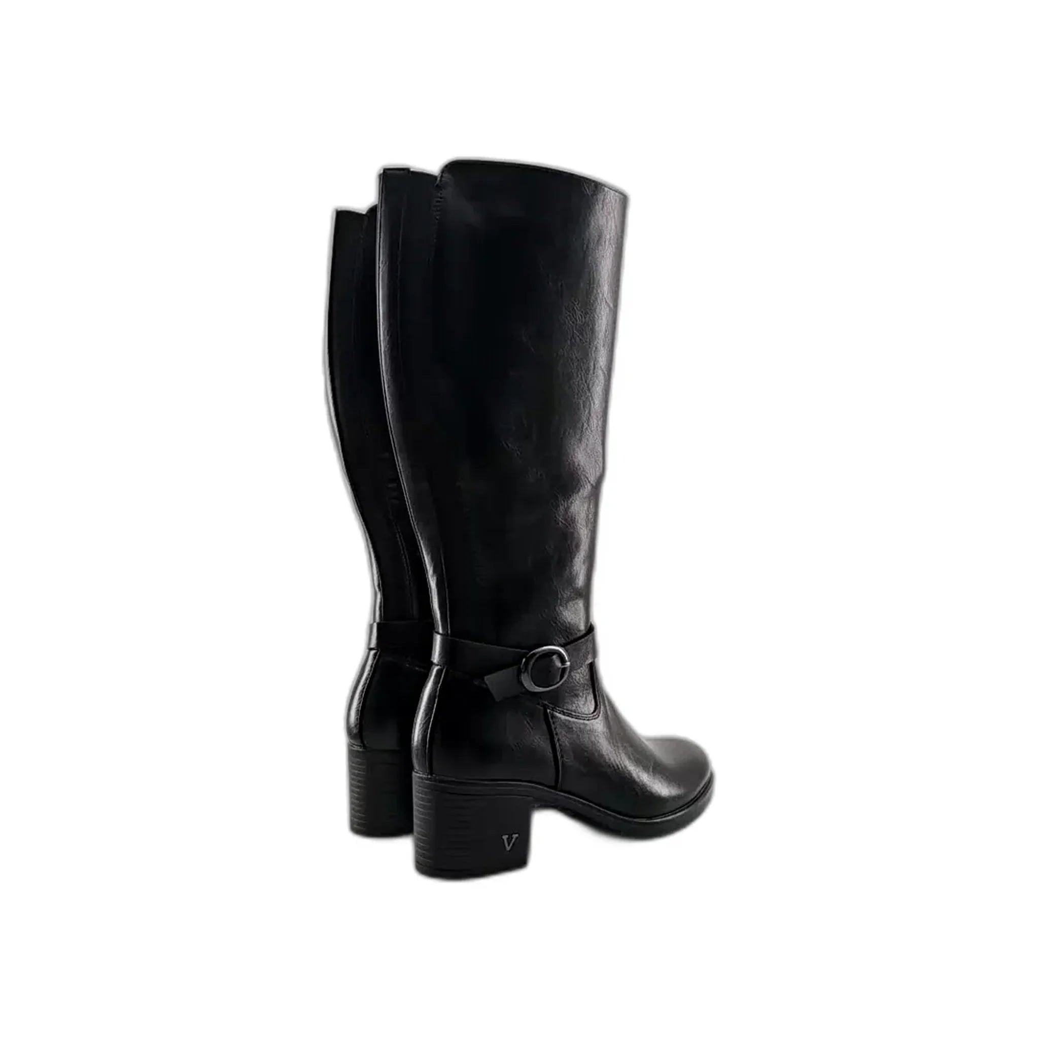 Pair of black leather knee-high women's boots with block heels and buckle detail