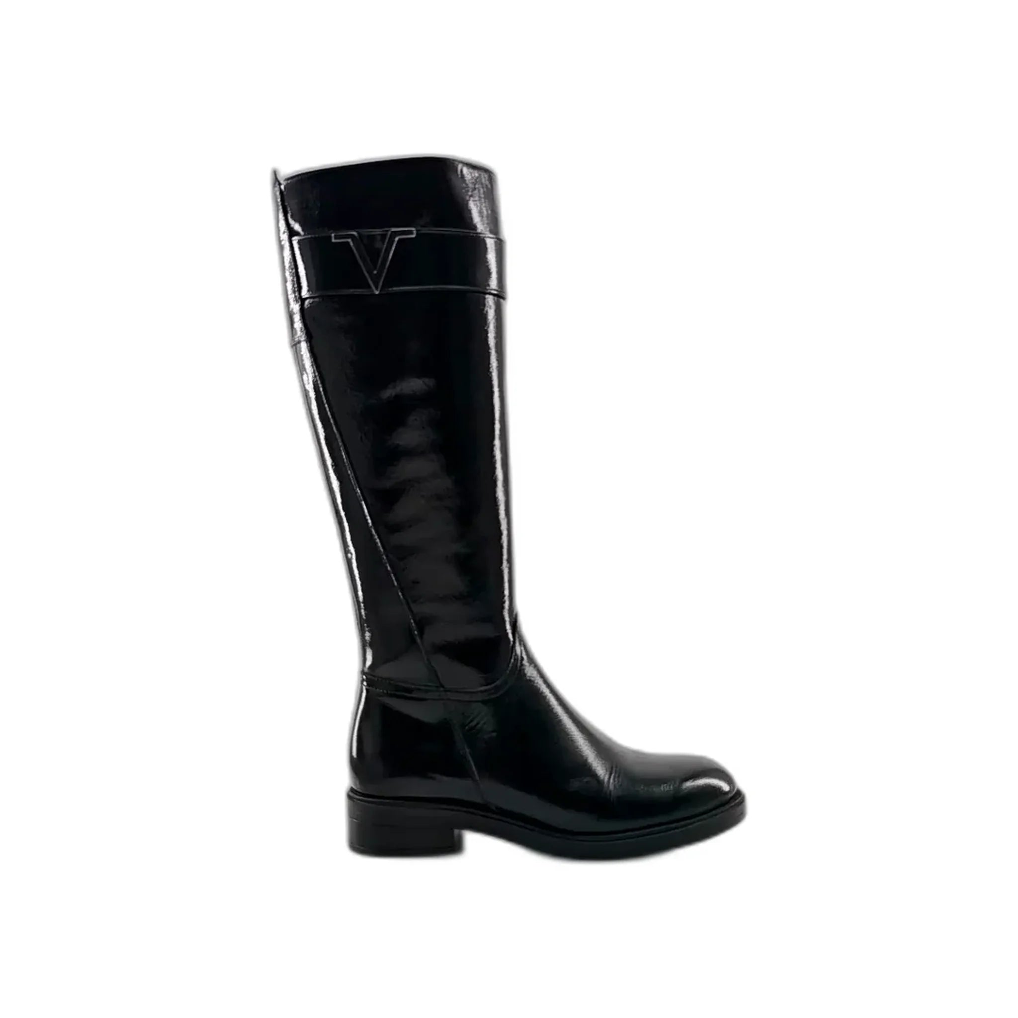 Black tall patent leather riding boot with low heel and V-shaped detail near top, side view
