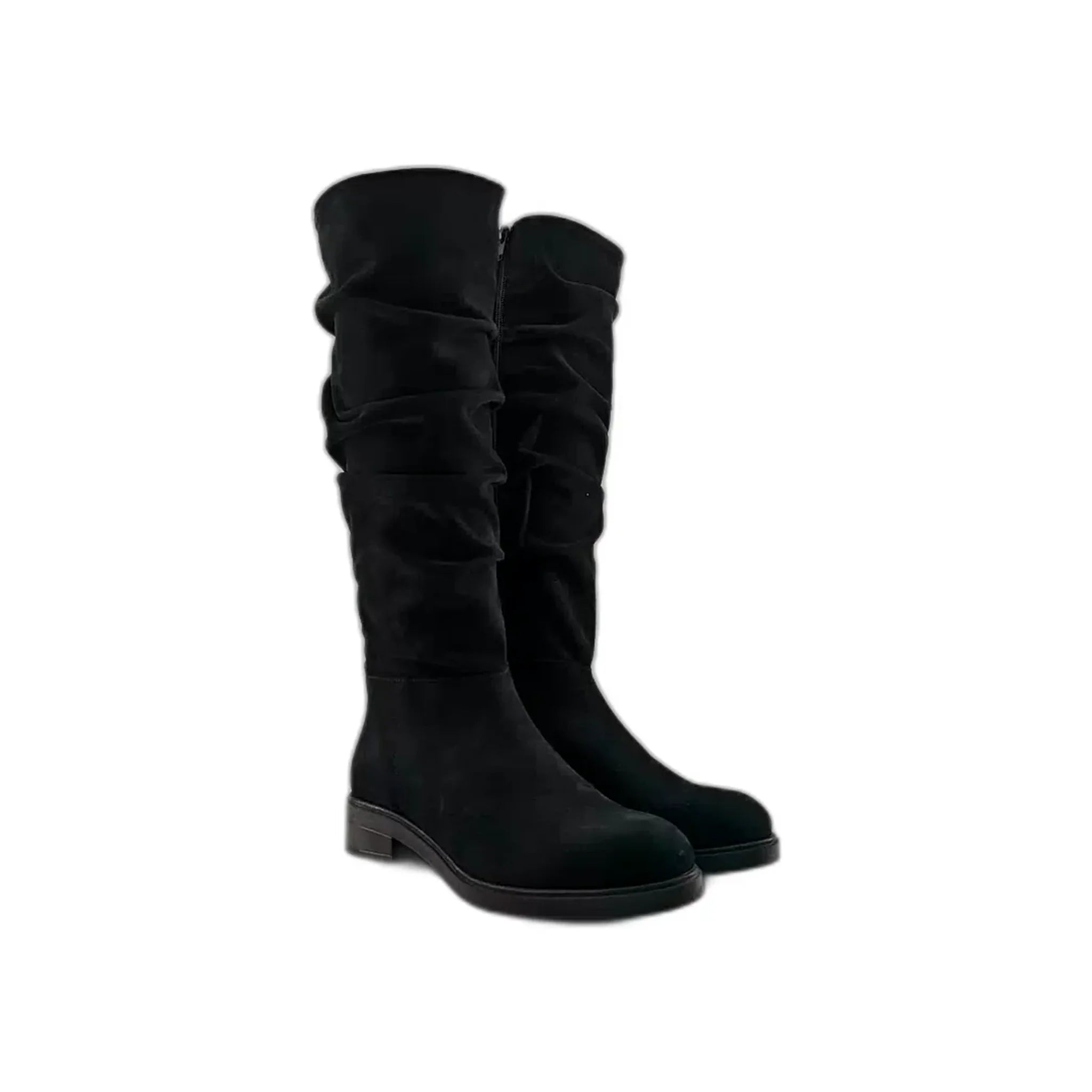 Pair of black nubuck mid-calf slouch boots with zipper closure and low heel