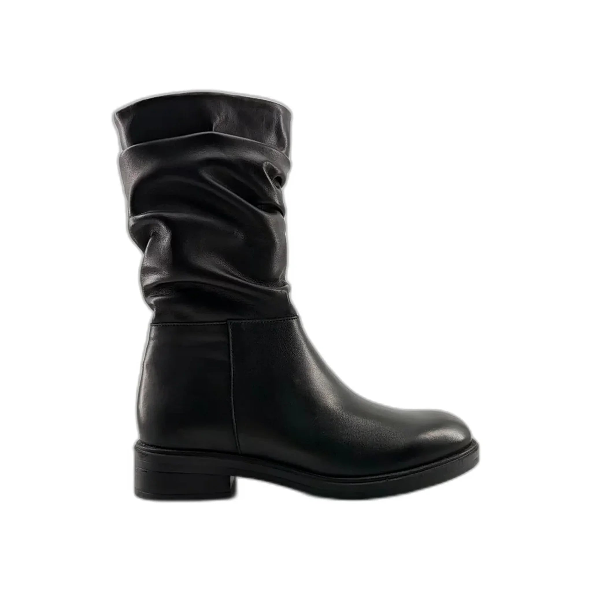 Black mid-calf flat boots with slouchy upper and side zipper, side view on white