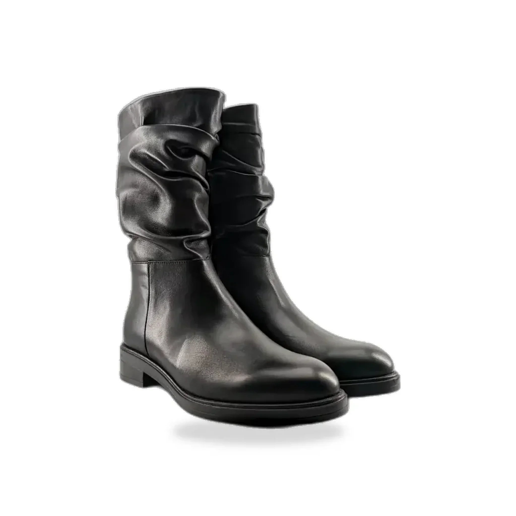 Pair of black mid-calf slouchy leather boots with zipper closure on white background