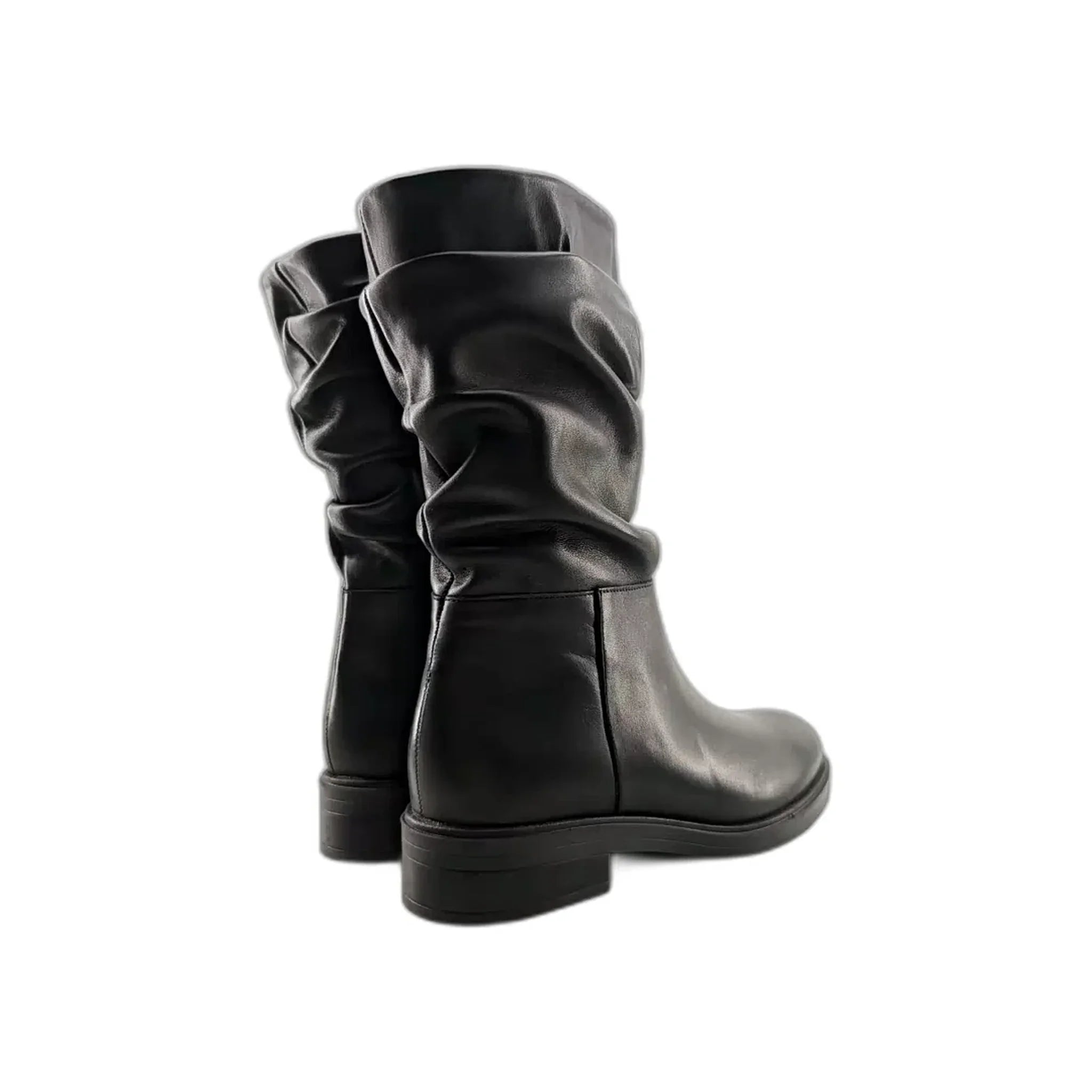 Pair of black mid-calf leather boots with back zipper and slouchy design
