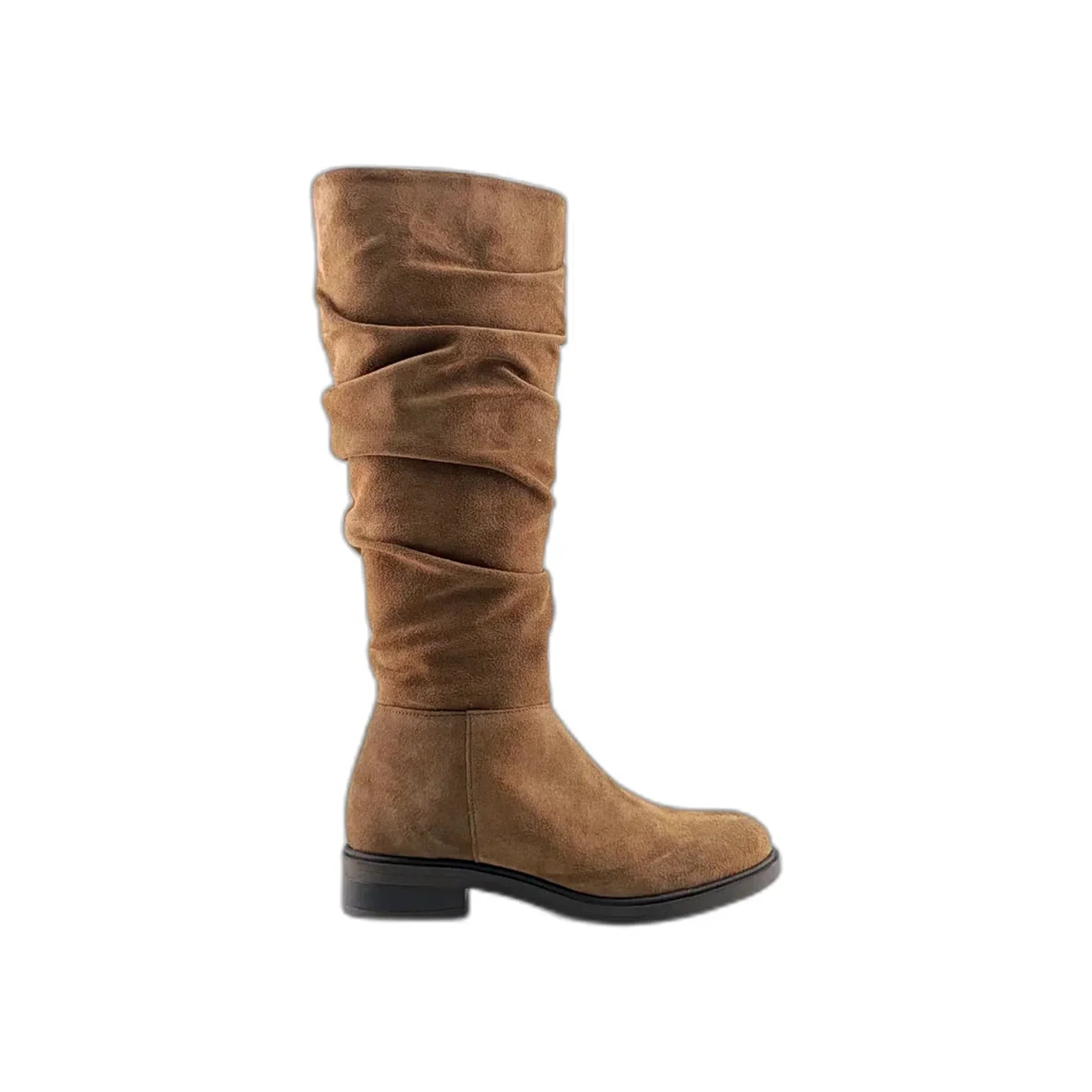 Brown suede slouchy knee-high boot with low heel and rounded toe, side view