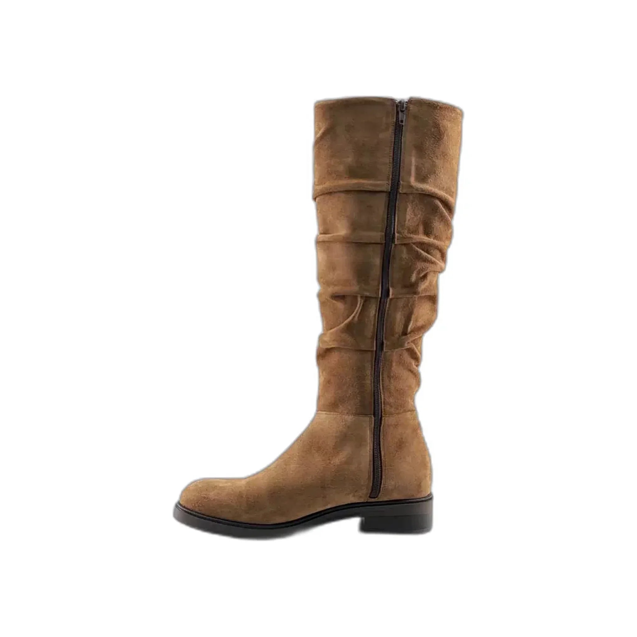 Brown suede knee-high women's boot with side zipper and low black heel