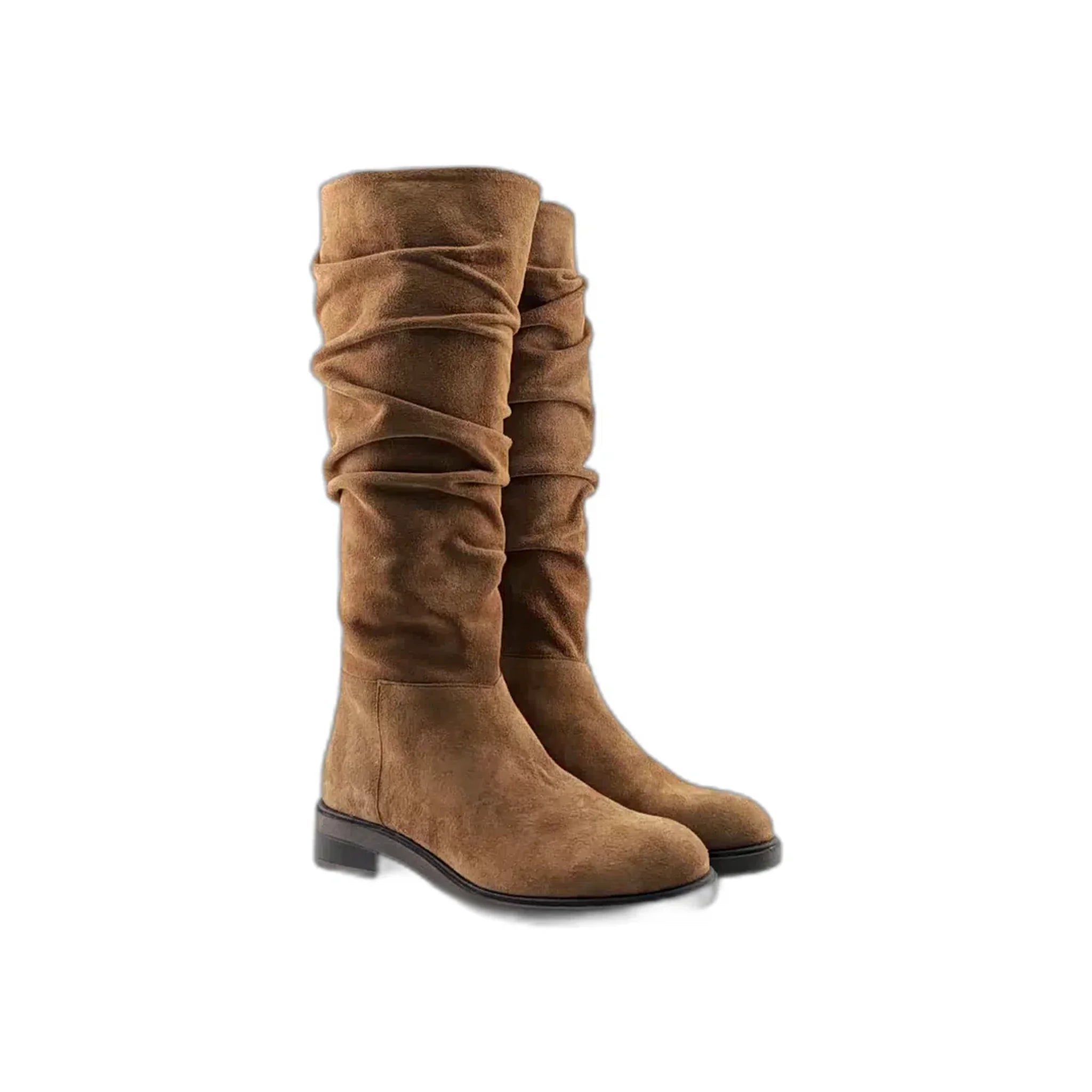 Pair of brown suede slouchy knee-high boots with black soles and low heels