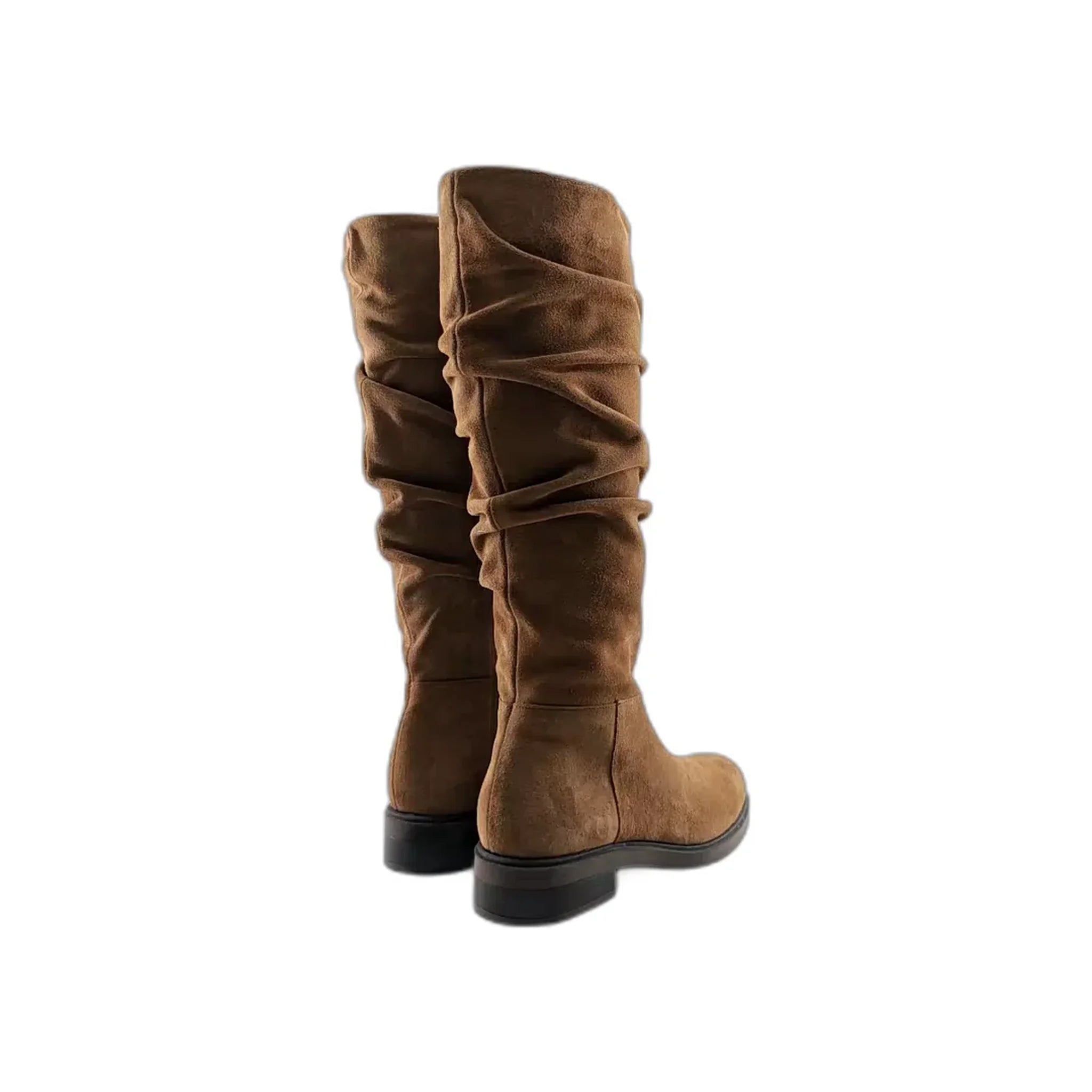 Pair of brown suede slouchy knee-high boots with low black heels shown from back