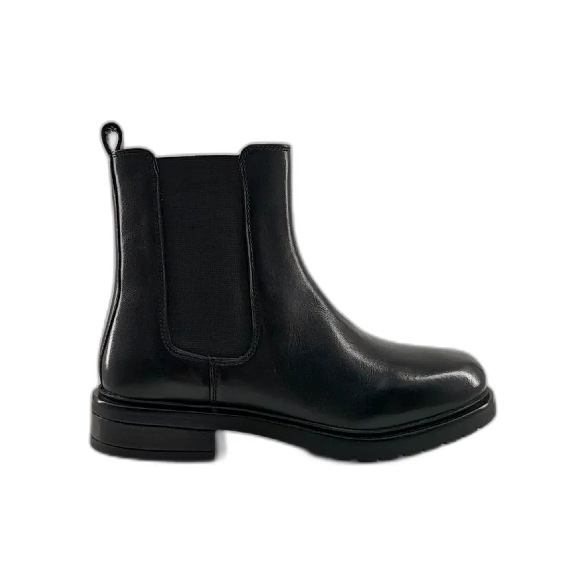Black leather Chelsea boot with elastic side panels and pull tab, side view
