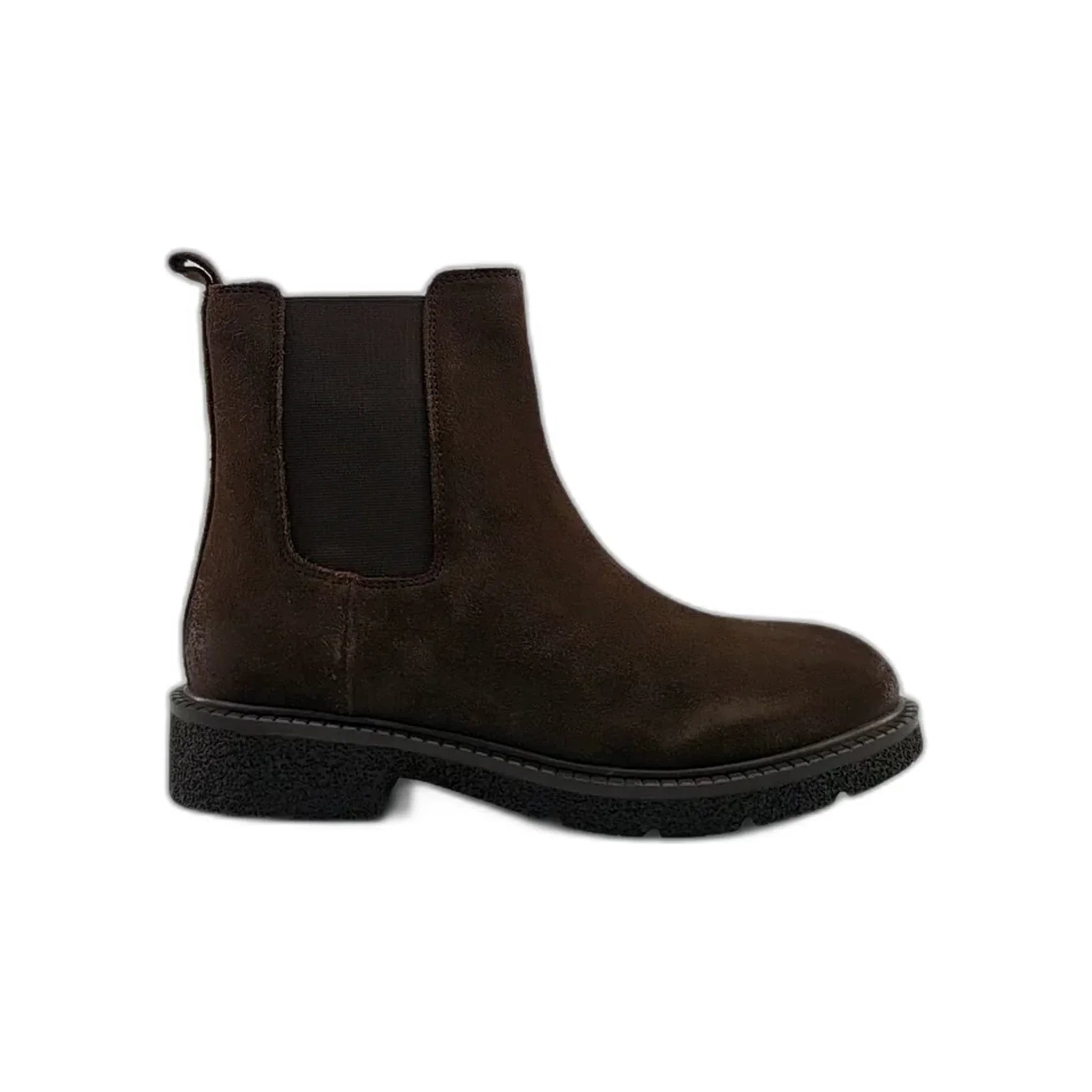Brown suede Chelsea boot with black elastic side panel and textured black sole, side view