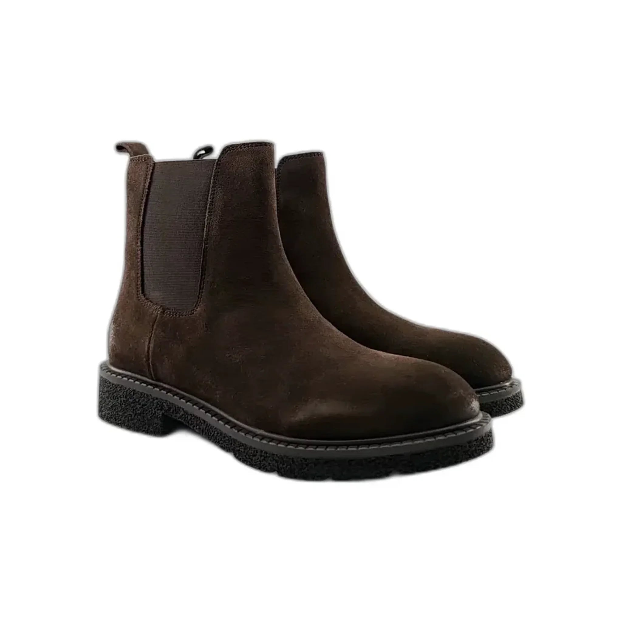 Pair of brown suede Chelsea boots with black elastic side panels and textured rubber soles