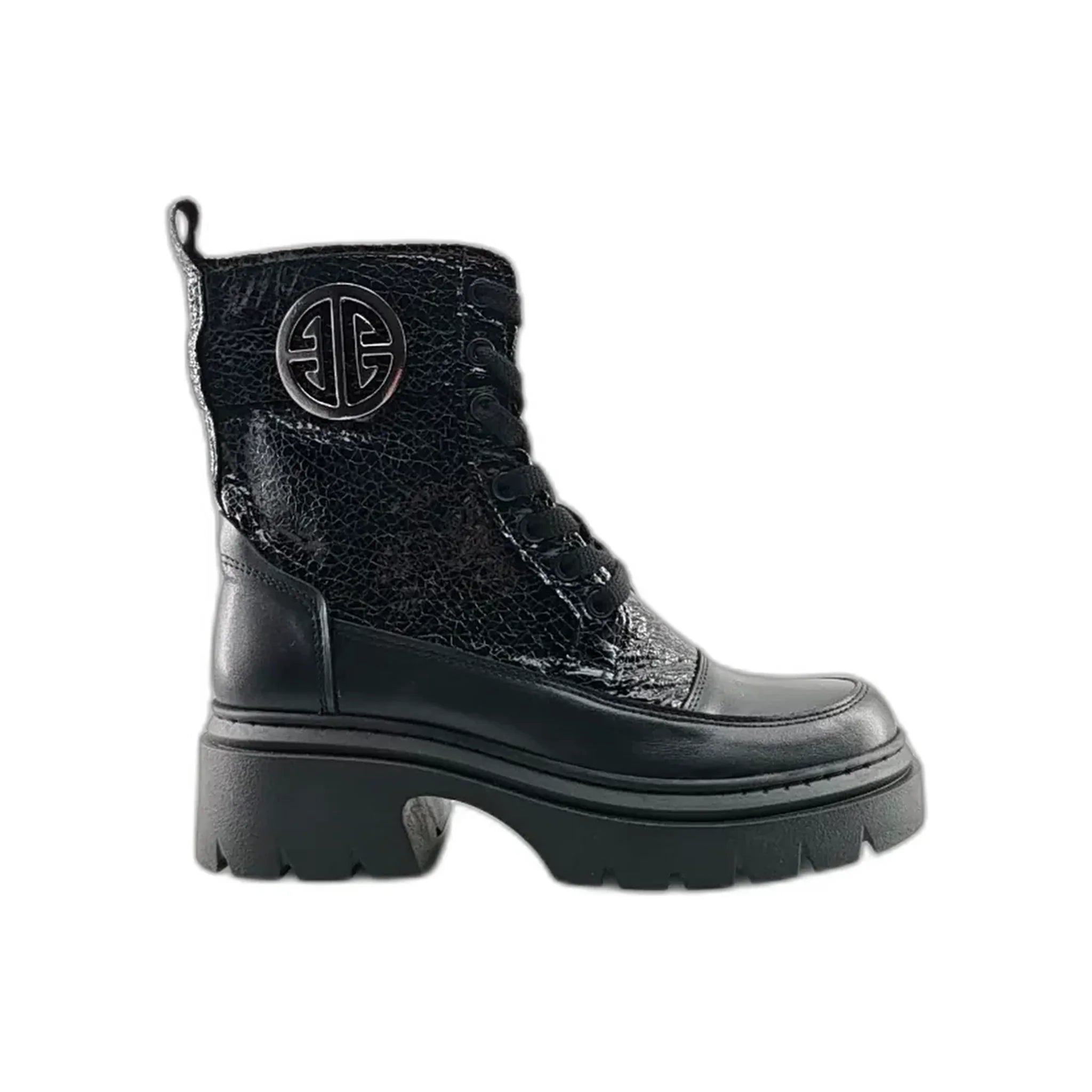 Black chunky platform combat boot with textured leather and side logo badge