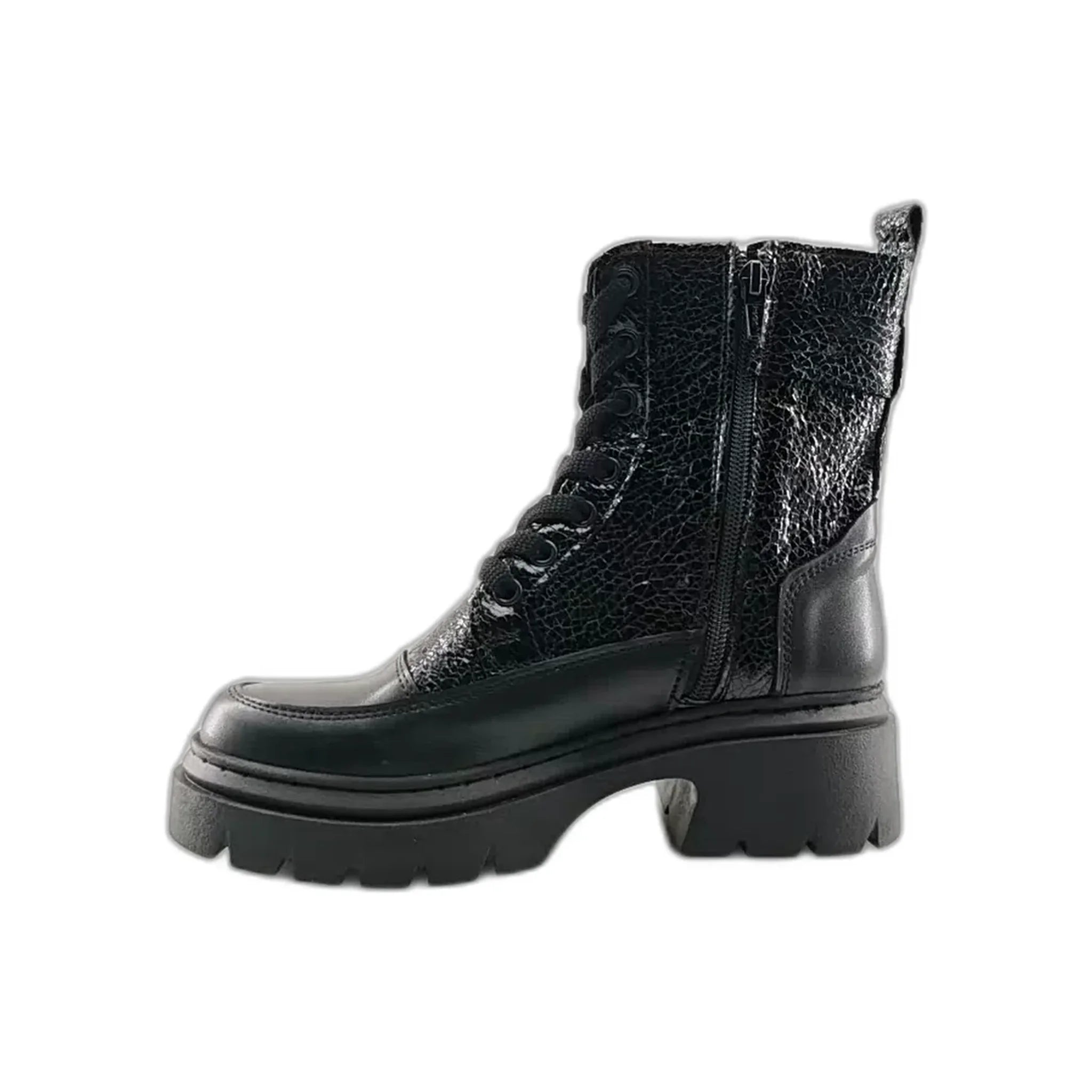 Black biker-style ankle boot with chunky platform sole, side zipper, and lace-up front