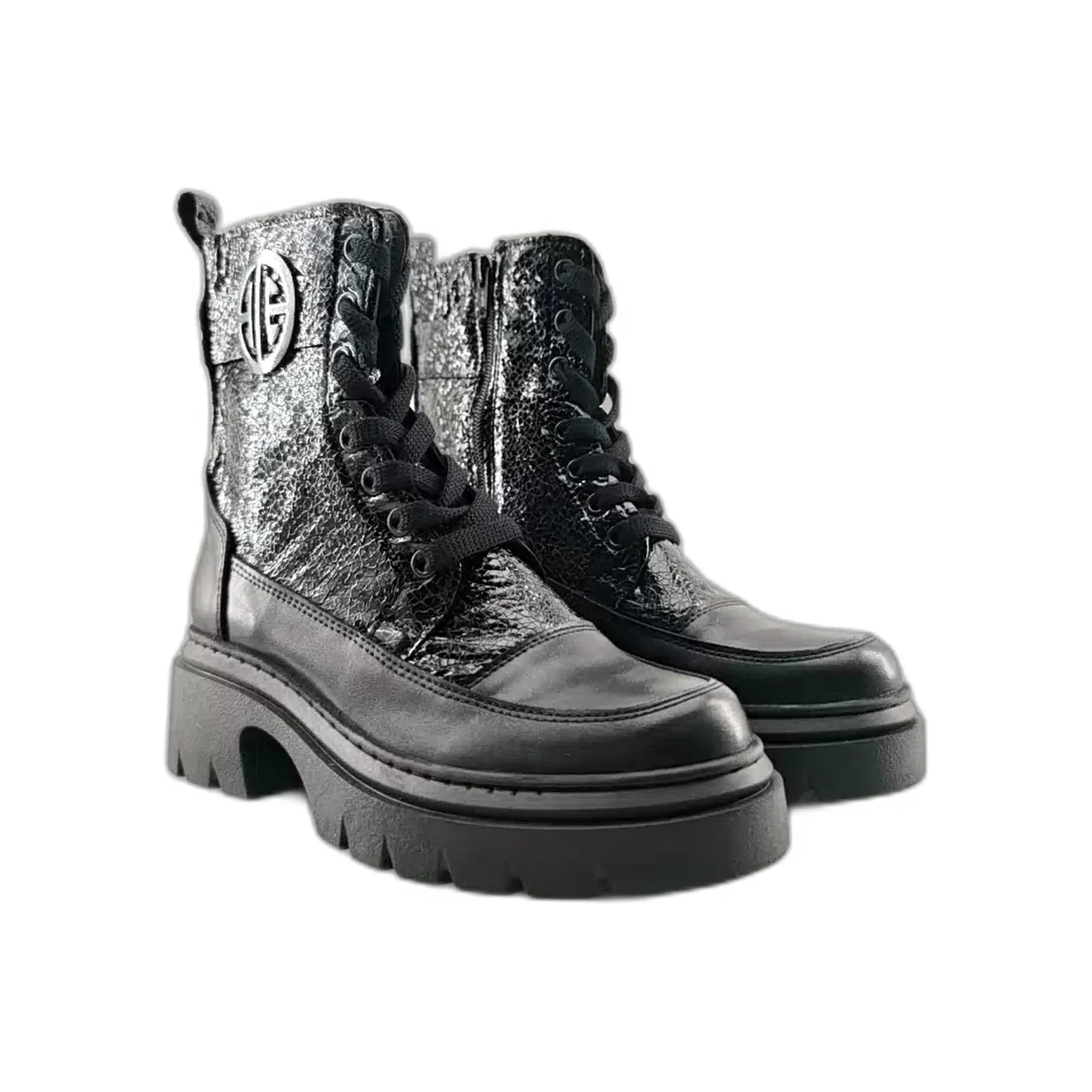 pair of black leather combat boots with chunky soles and zipper detail