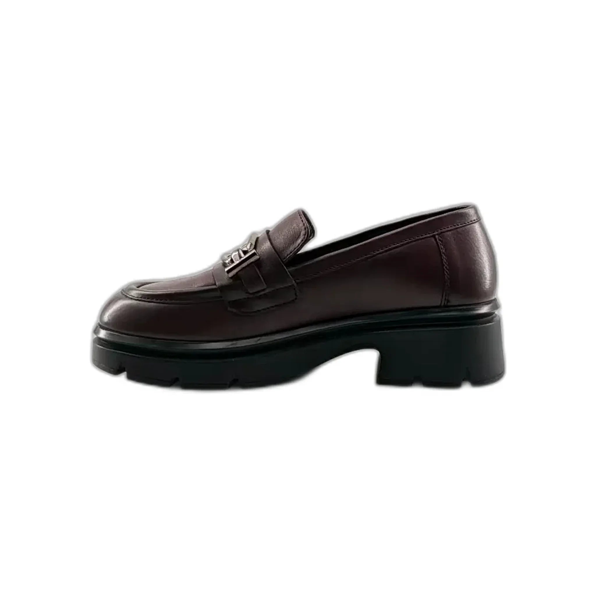 Side view of burgundy leather chunky sole loafer shoe with metal detail on white background