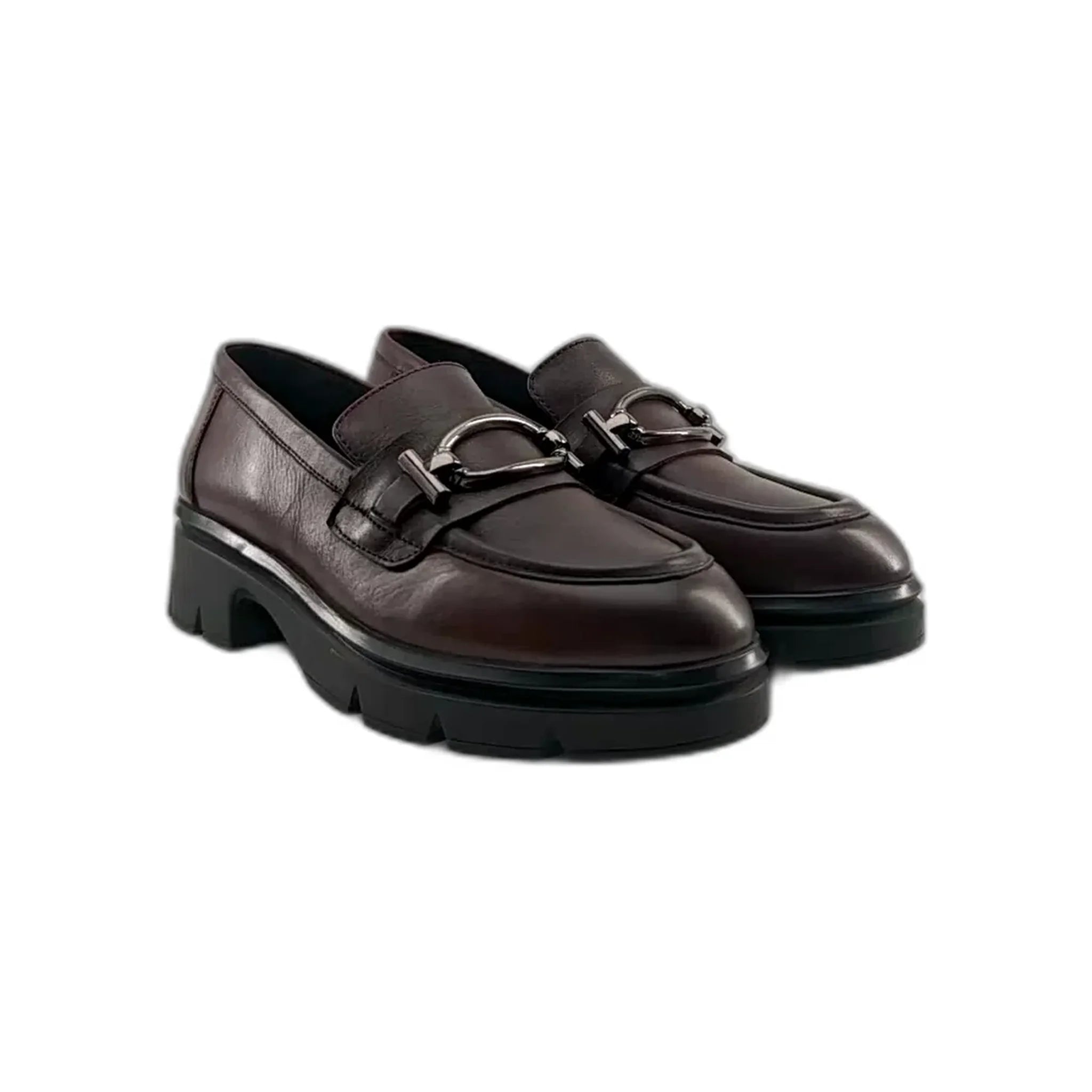 Pair of dark brown leather loafers with chunky black rubber soles and silver metal buckle accents