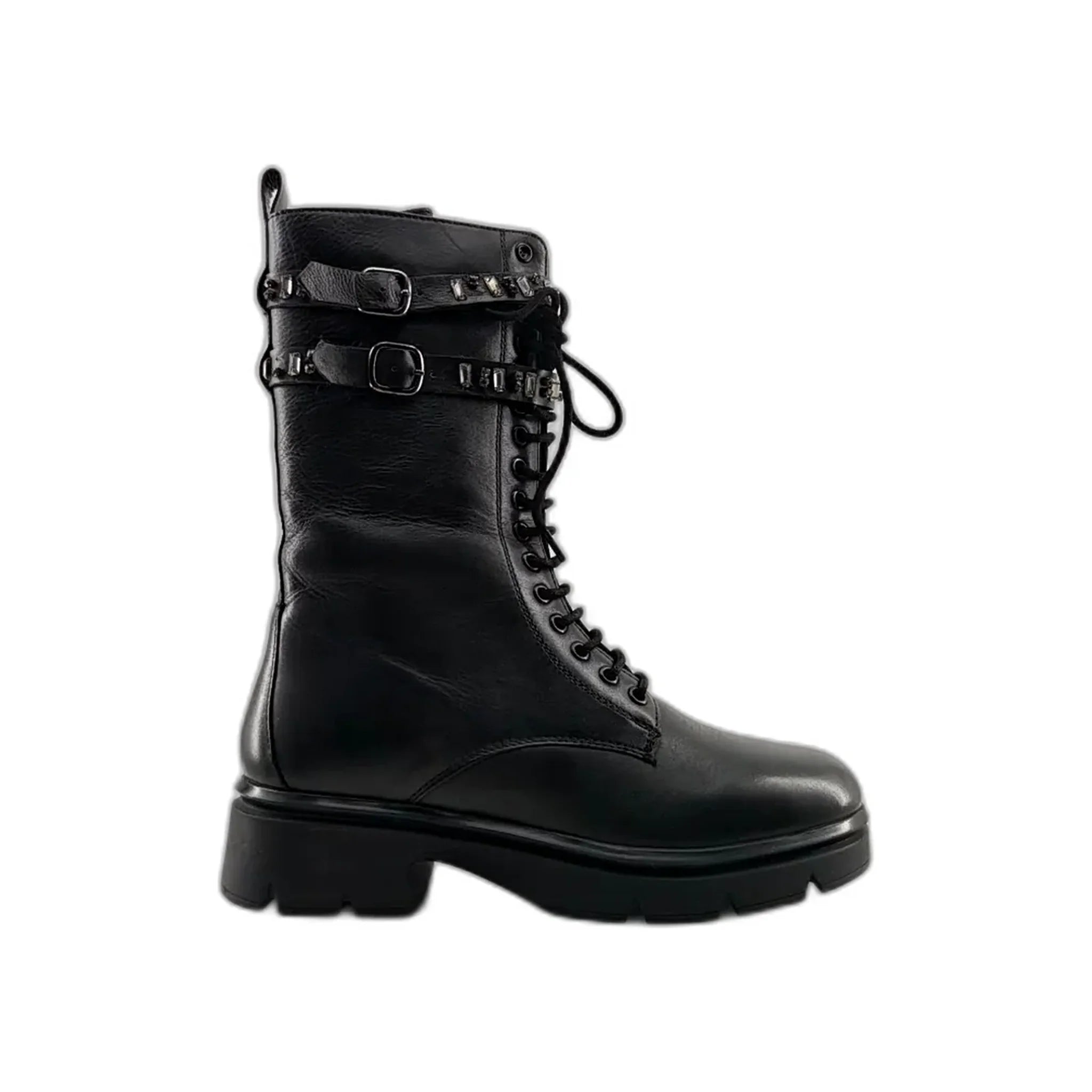Black leather combat boot with front laces, decorative buckled straps, and chunky sole