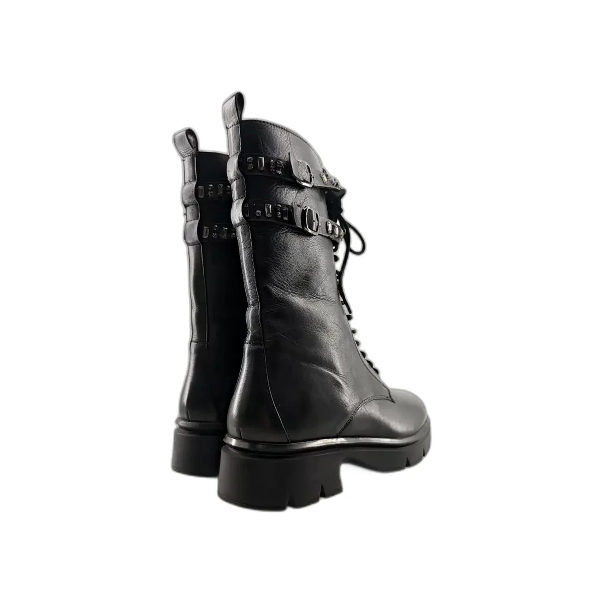 Pair of black leather combat boots with chunky soles and buckle straps viewed from the back