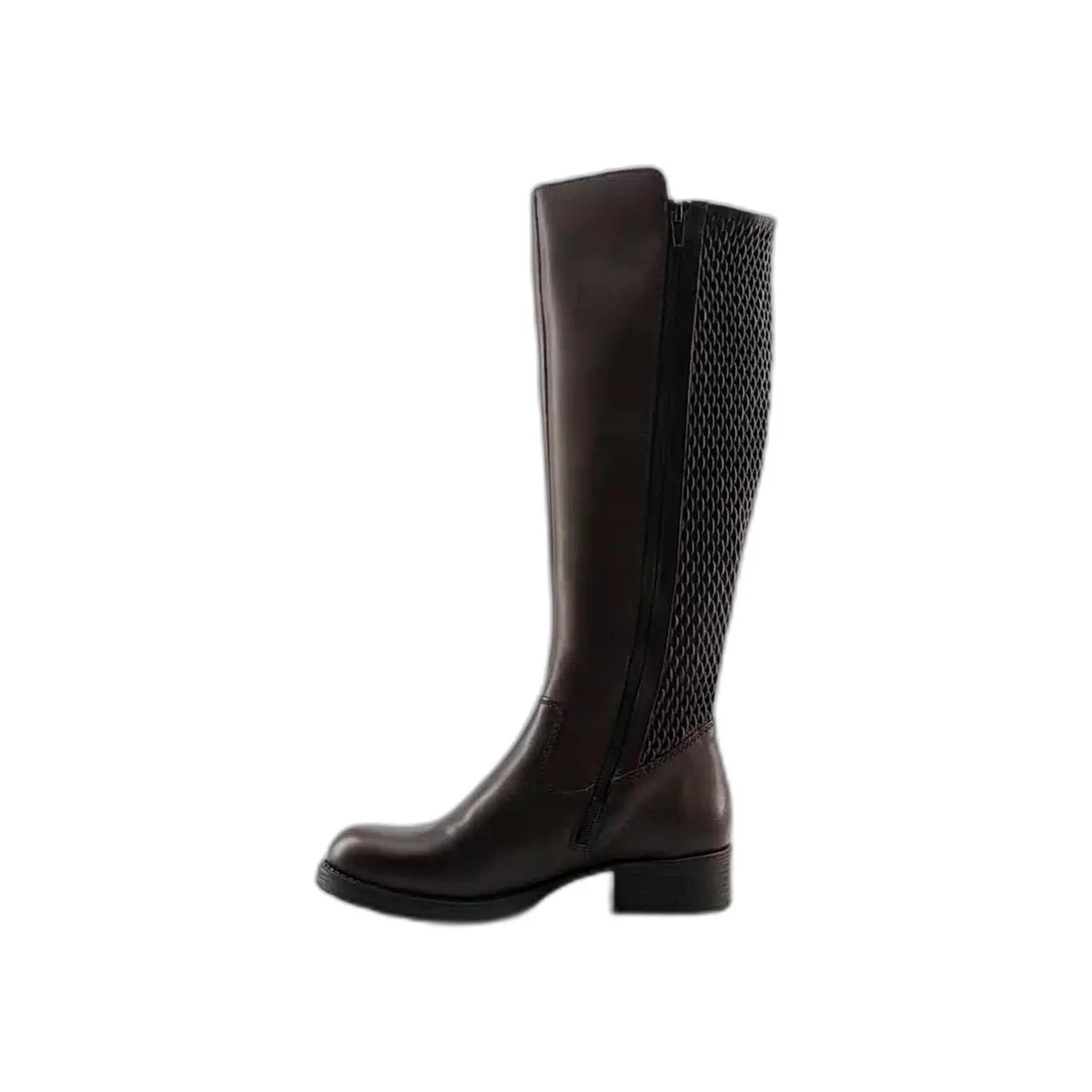 Brown knee-high leather boot with side zipper and textured back panel