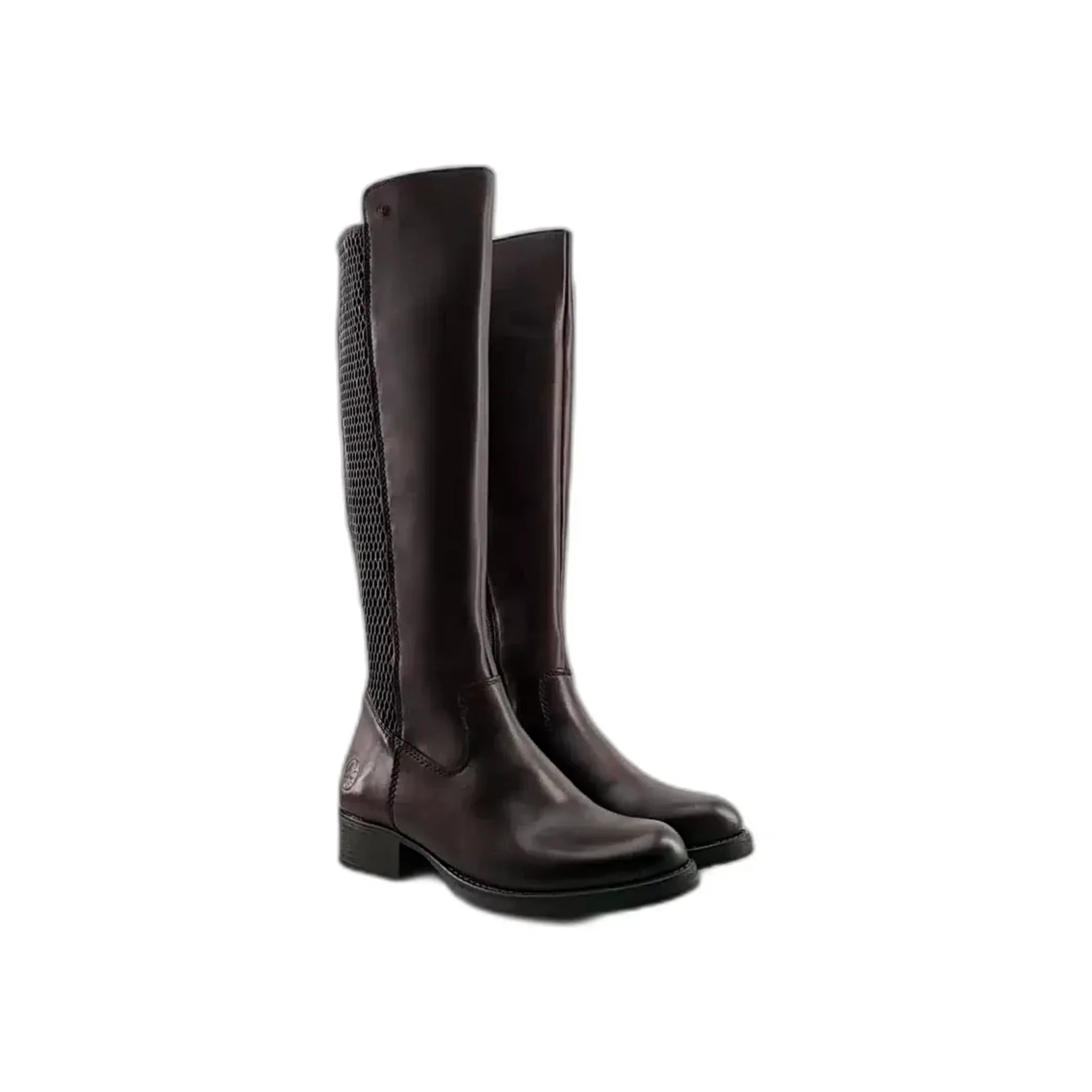 Pair of brown leather knee-high boots with textured back and zipper closure