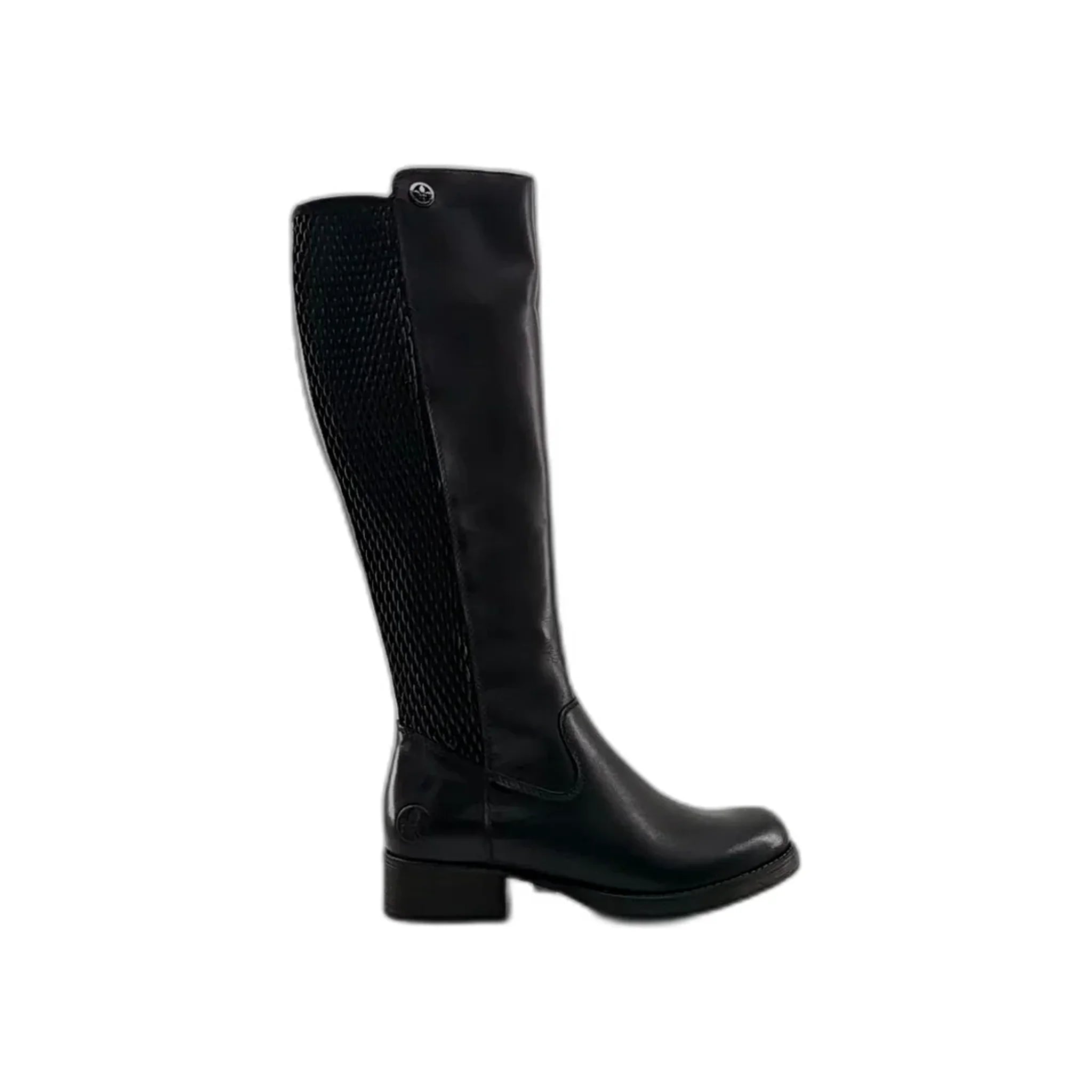 Black knee-high leather boot with textured side panel and low heel, right side view