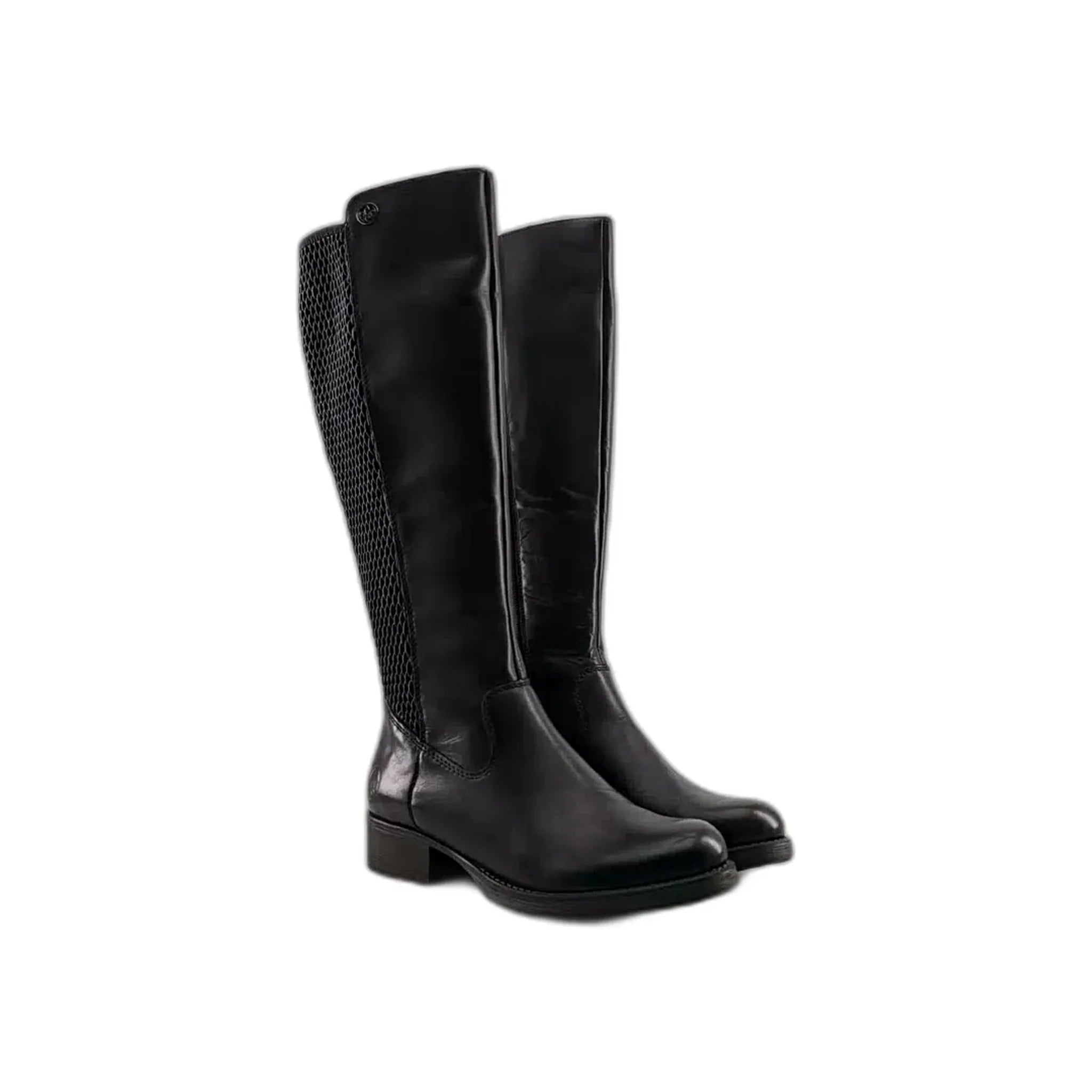 Pair of black knee-high leather boots with zip closure and textured back panel