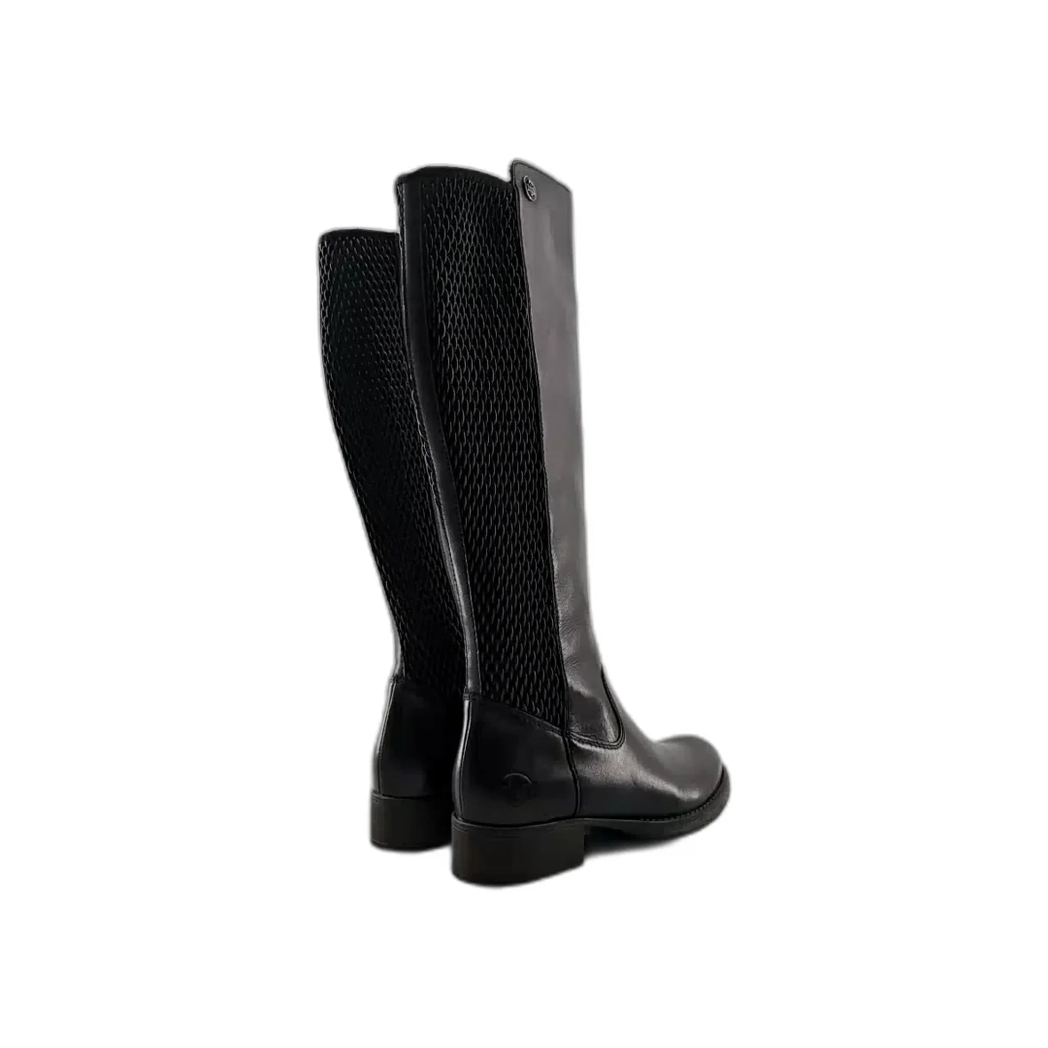 Pair of black knee-high leather boots with textured back panels and zipper closure