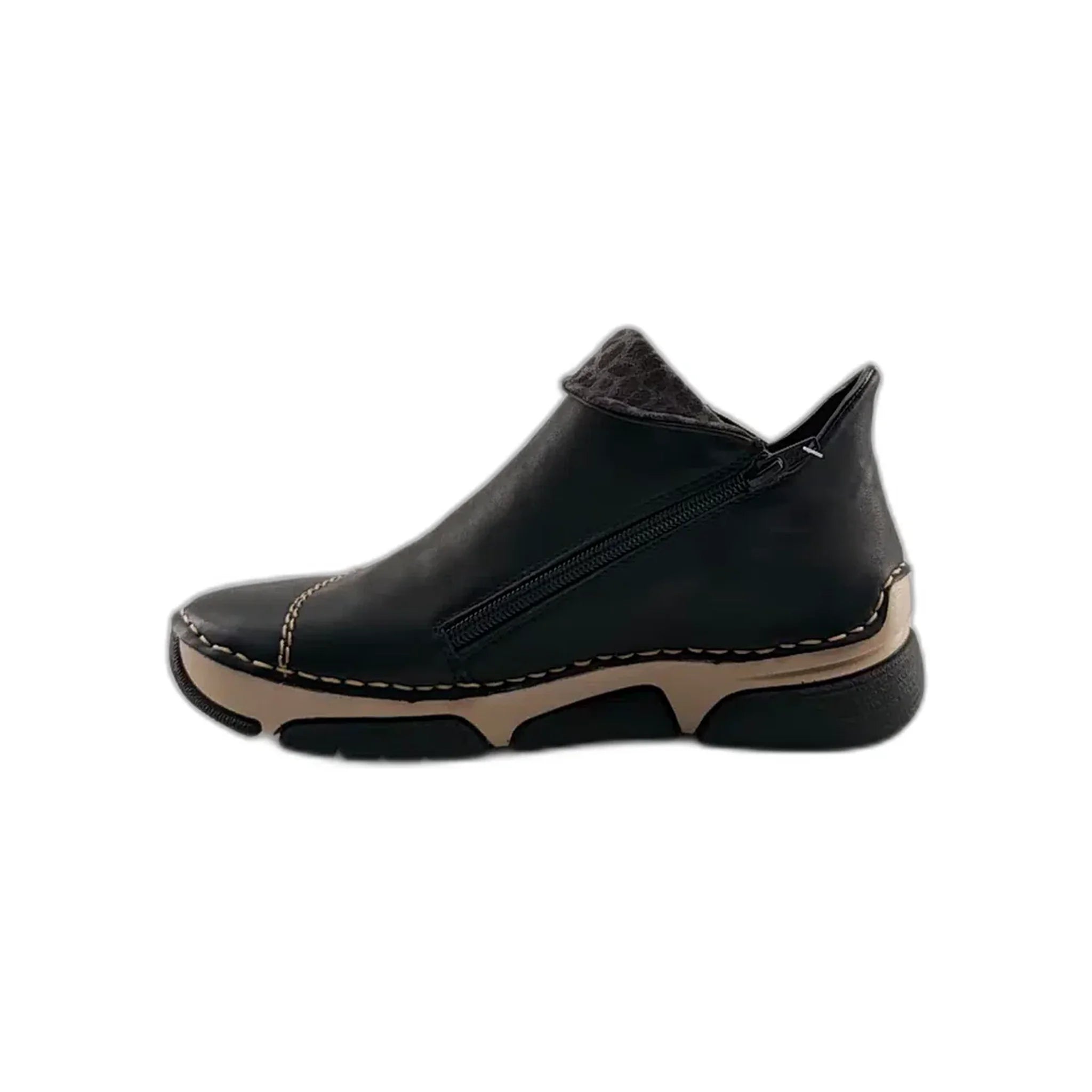 Black leather casual ankle shoe with side zipper and beige stitched sole
