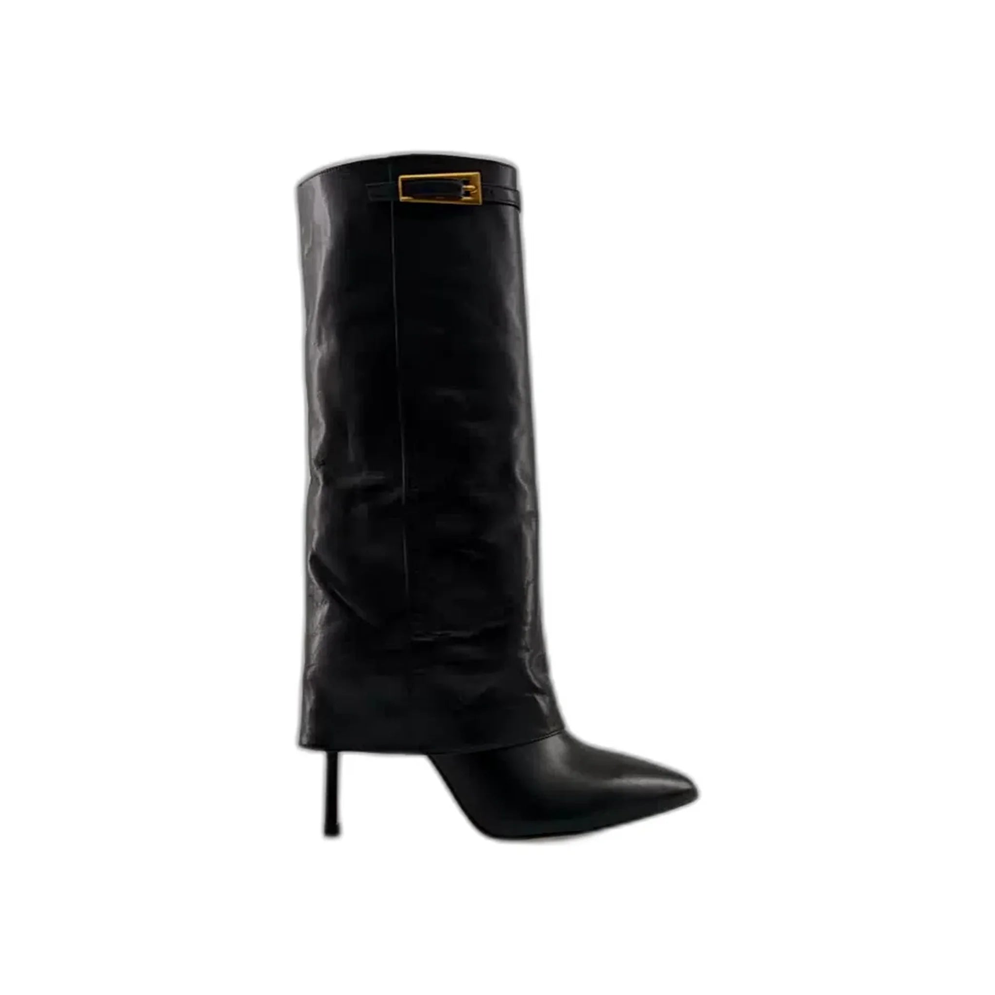 Black high-heeled leather knee boots with pointed toe and gold buckle detail