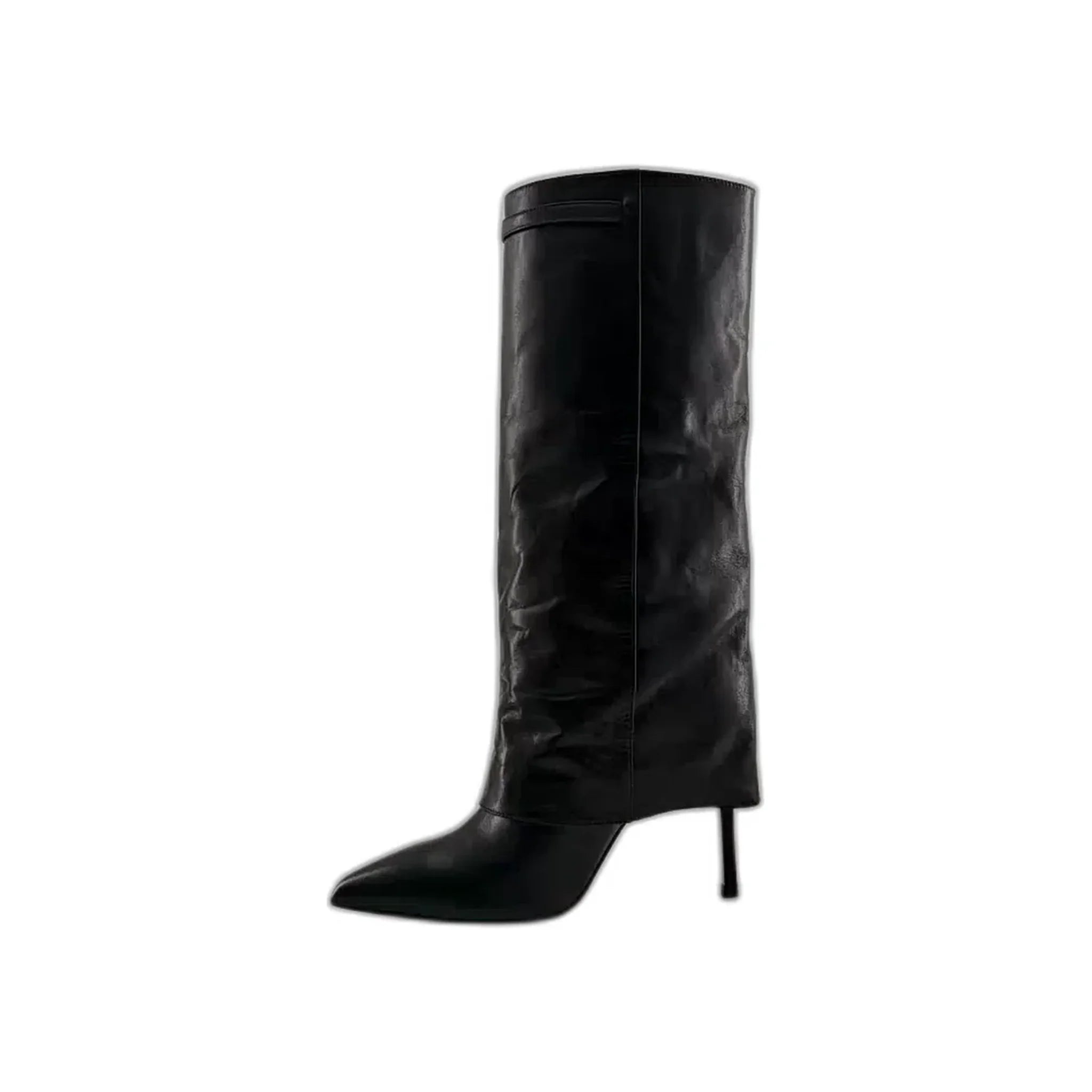 Black high-heeled leather knee boots with pointed toe, side zip closure