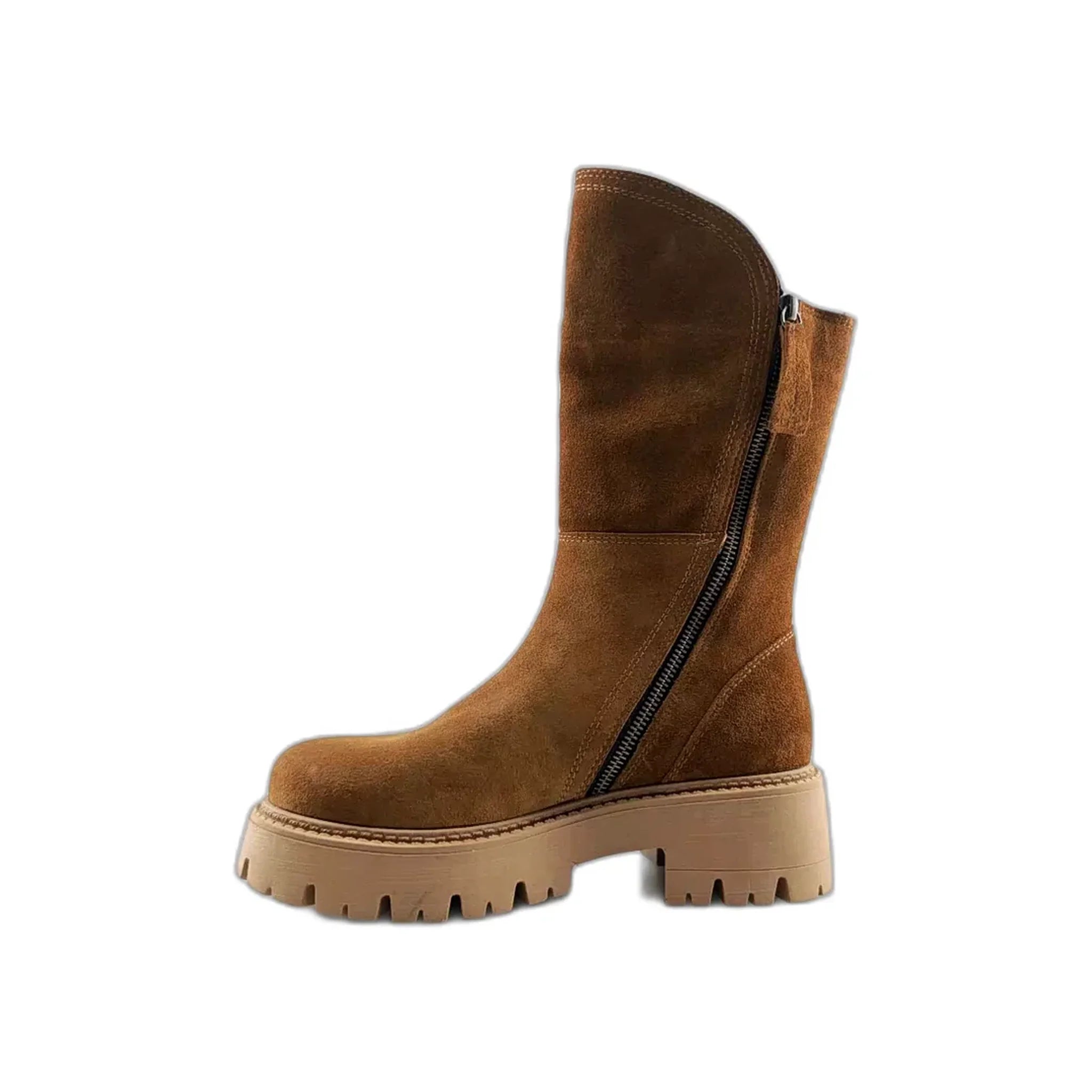 Brown suede mid-calf Wellington boot with chunky rubber sole and side zipper