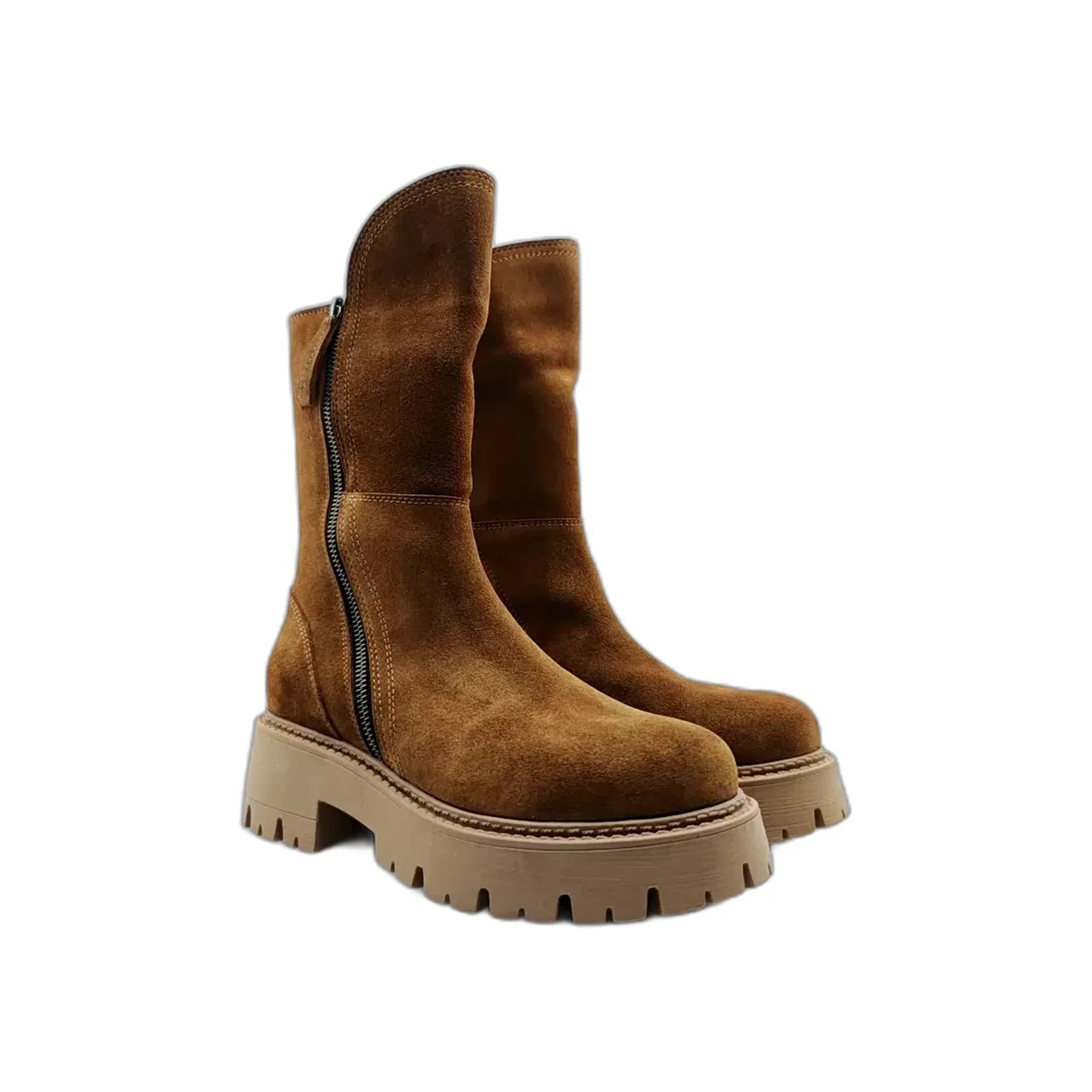 Pair of brown suede mid-calf boots with chunky rubber lug sole and side zipper