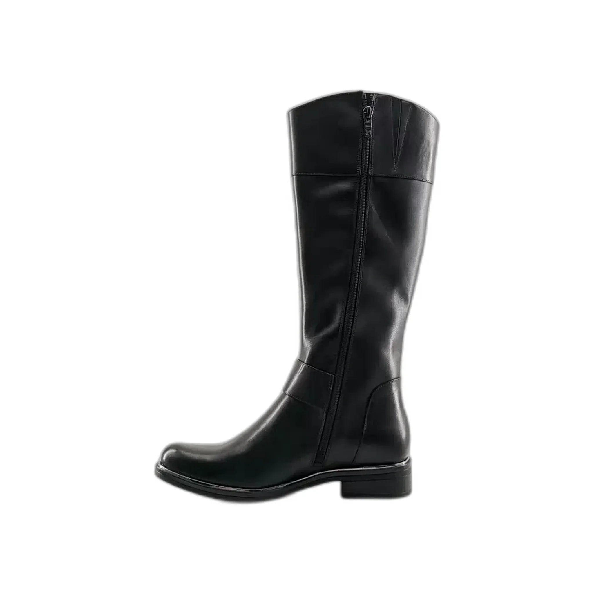 Black knee-high leather boot with side zipper and low heel, side view on white background