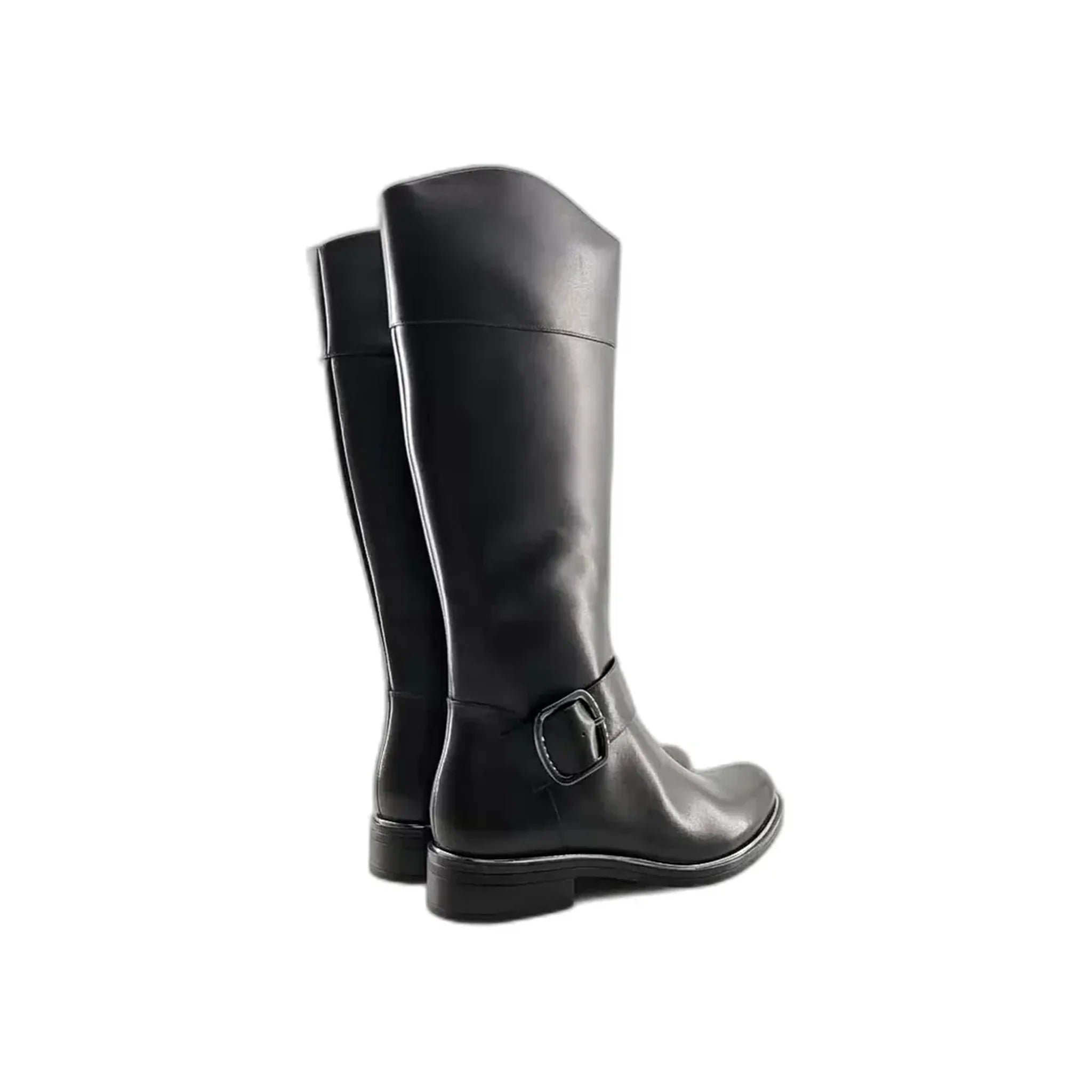 Black knee-high leather boots with a buckle detail and low heel, rear view