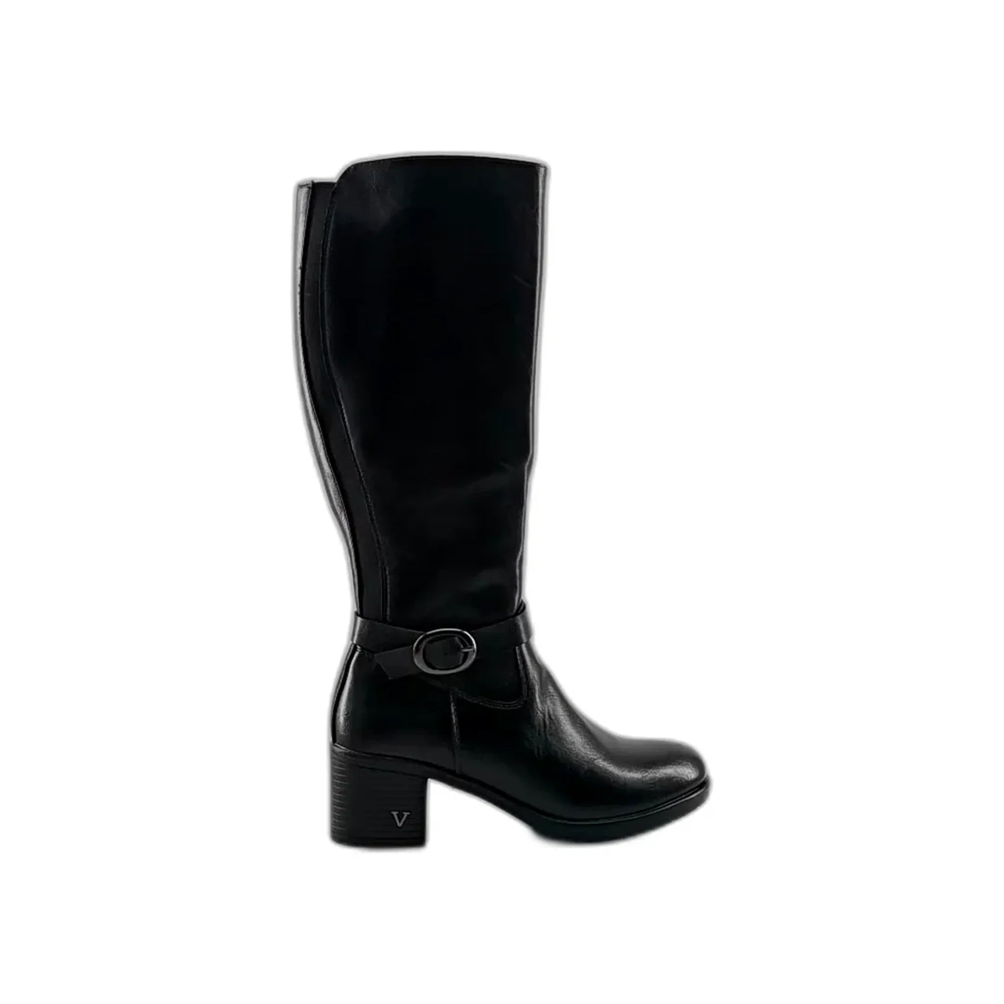 Black knee-high leather block heel boot with side buckle and zipper detail