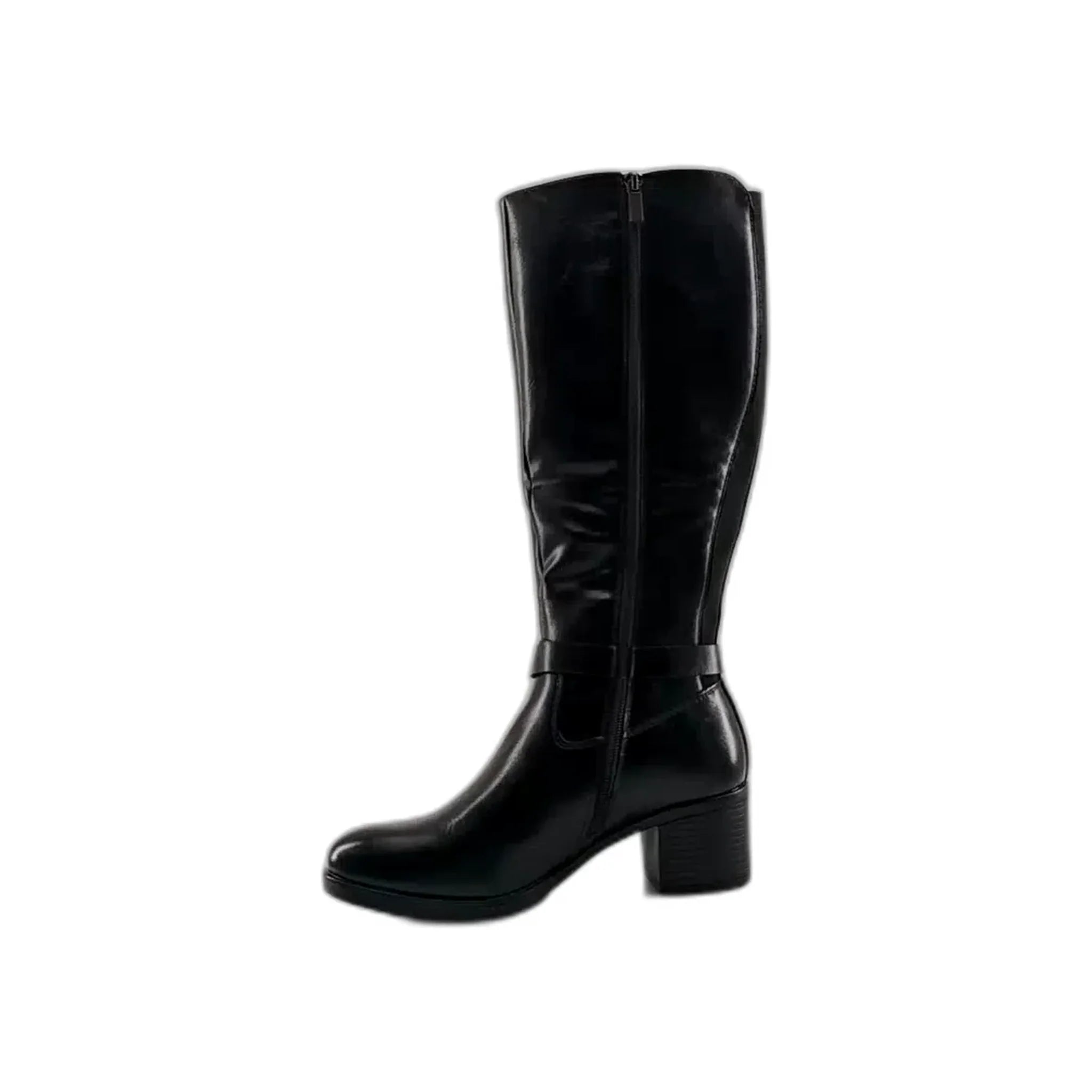 Black mid-calf leather women's boot with block heel and side zipper