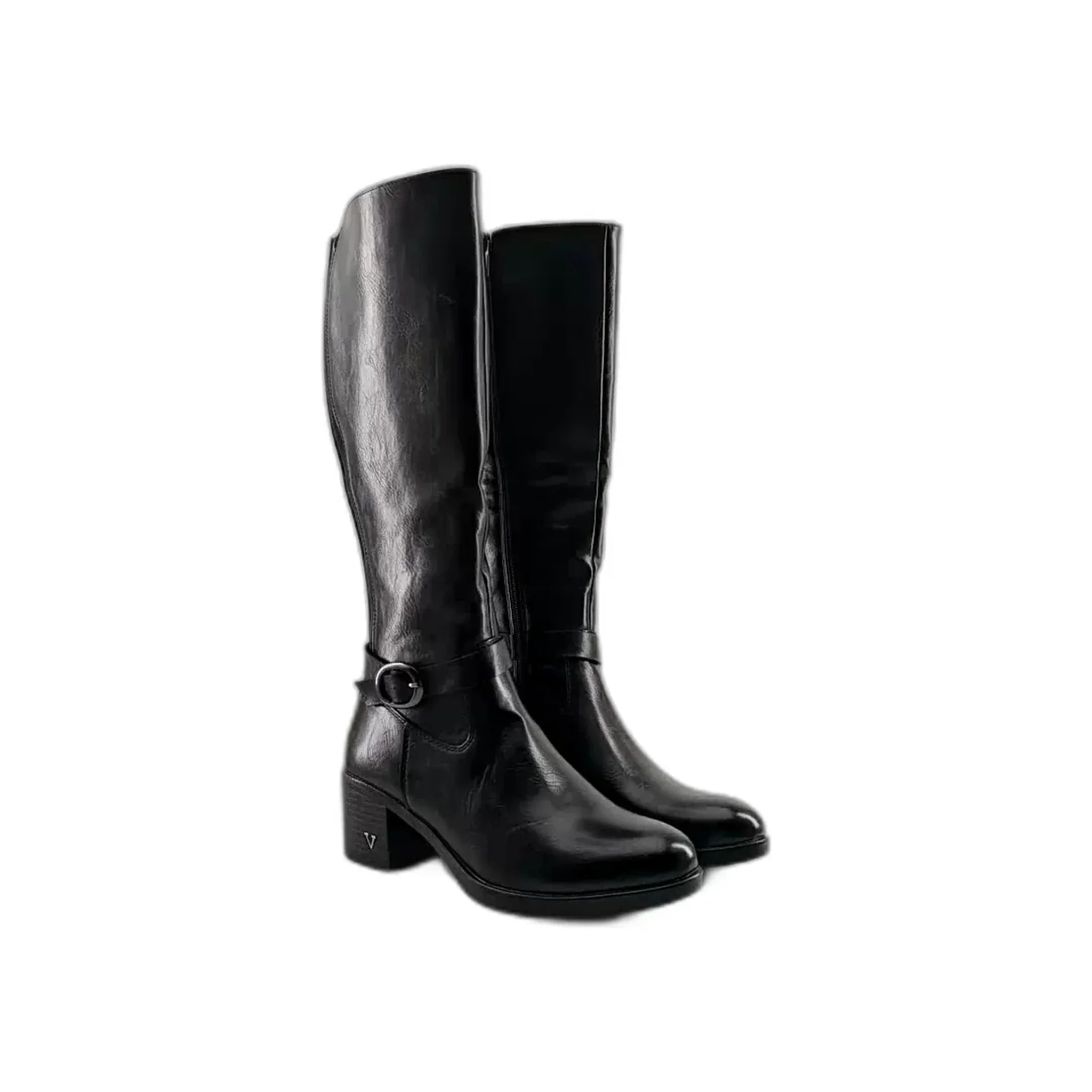 Pair of black leather knee-high boots with block heels, round buckle, and zipper closure