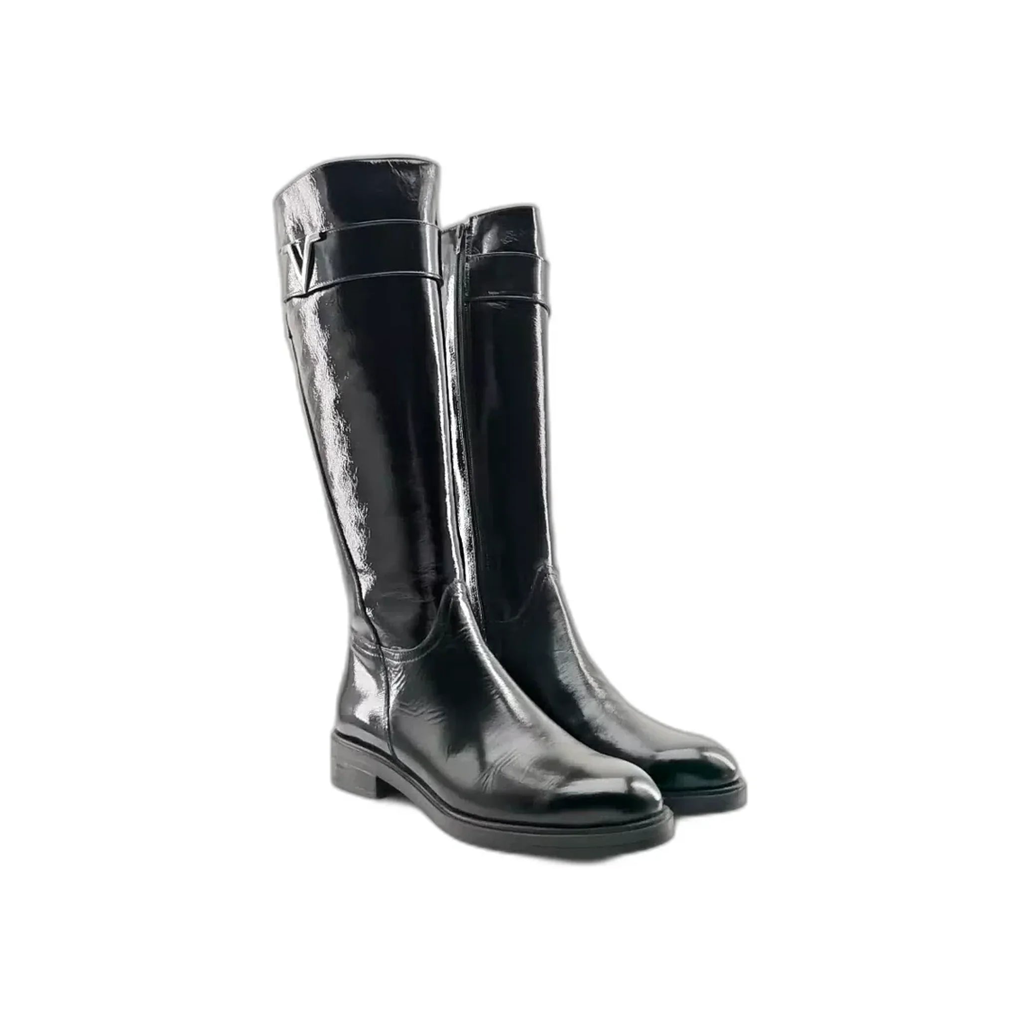 Pair of black glossy tall flat boots with zipper closure front view