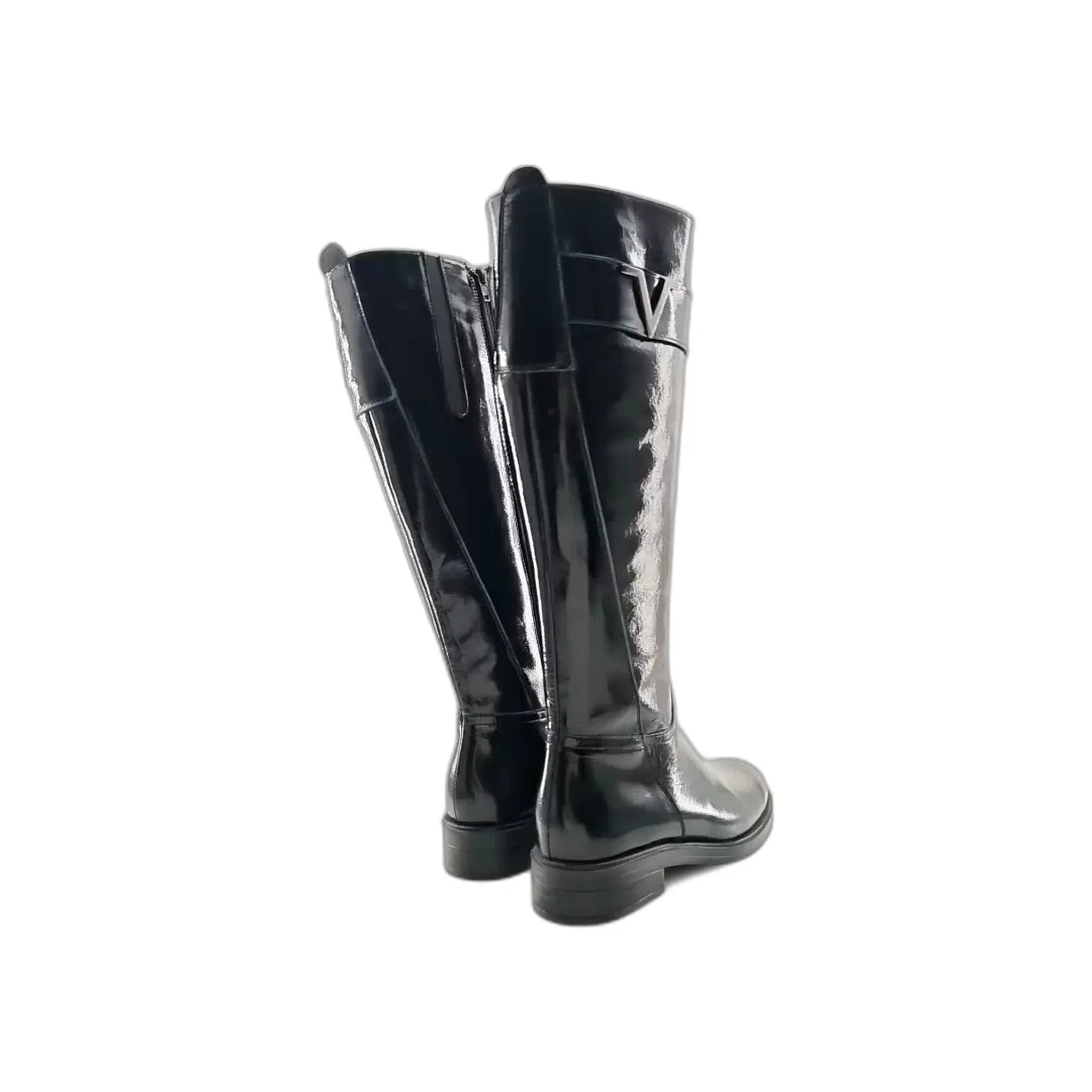 pair of glossy black knee-high boots with back zipper and logo detail