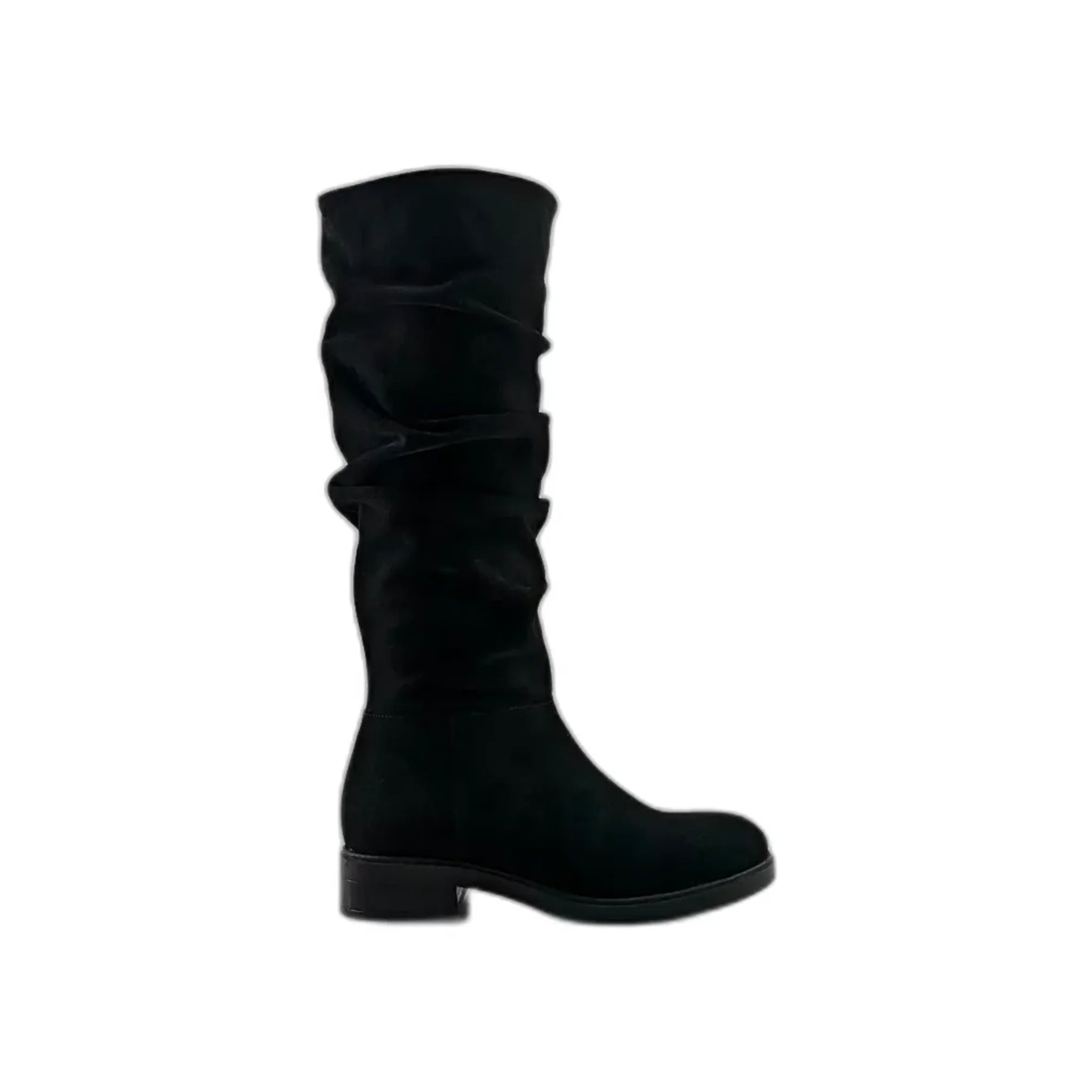 Black nubuck knee-high slouchy boots with a low block heel, shown from right side