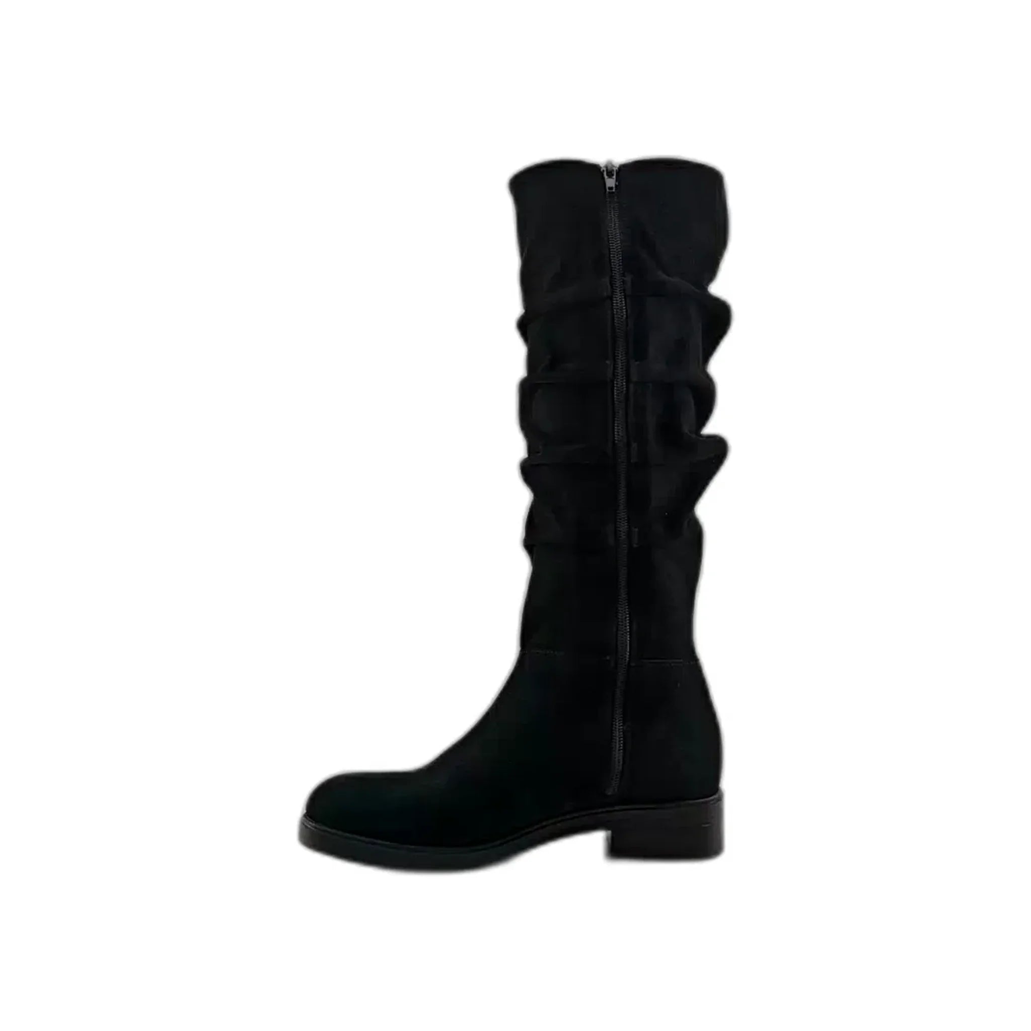 Black nubuck tall women's boots with zipper closure and low heel, side view