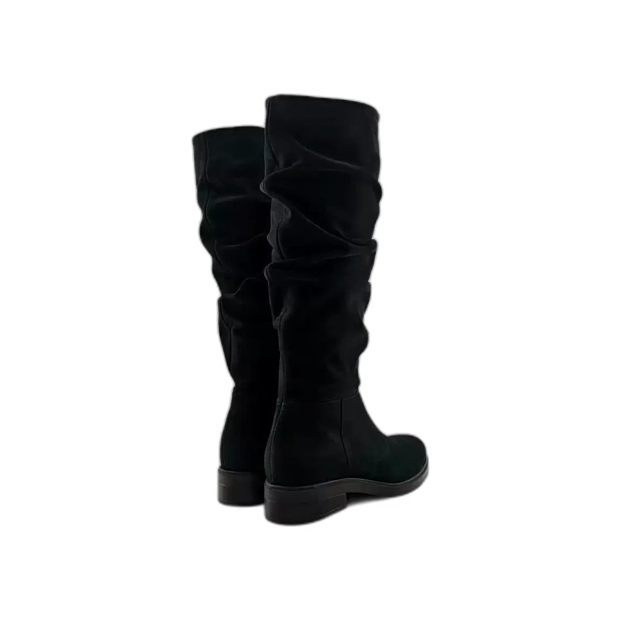 Pair of black nubuck mid-calf boots with zipper closure, rear view