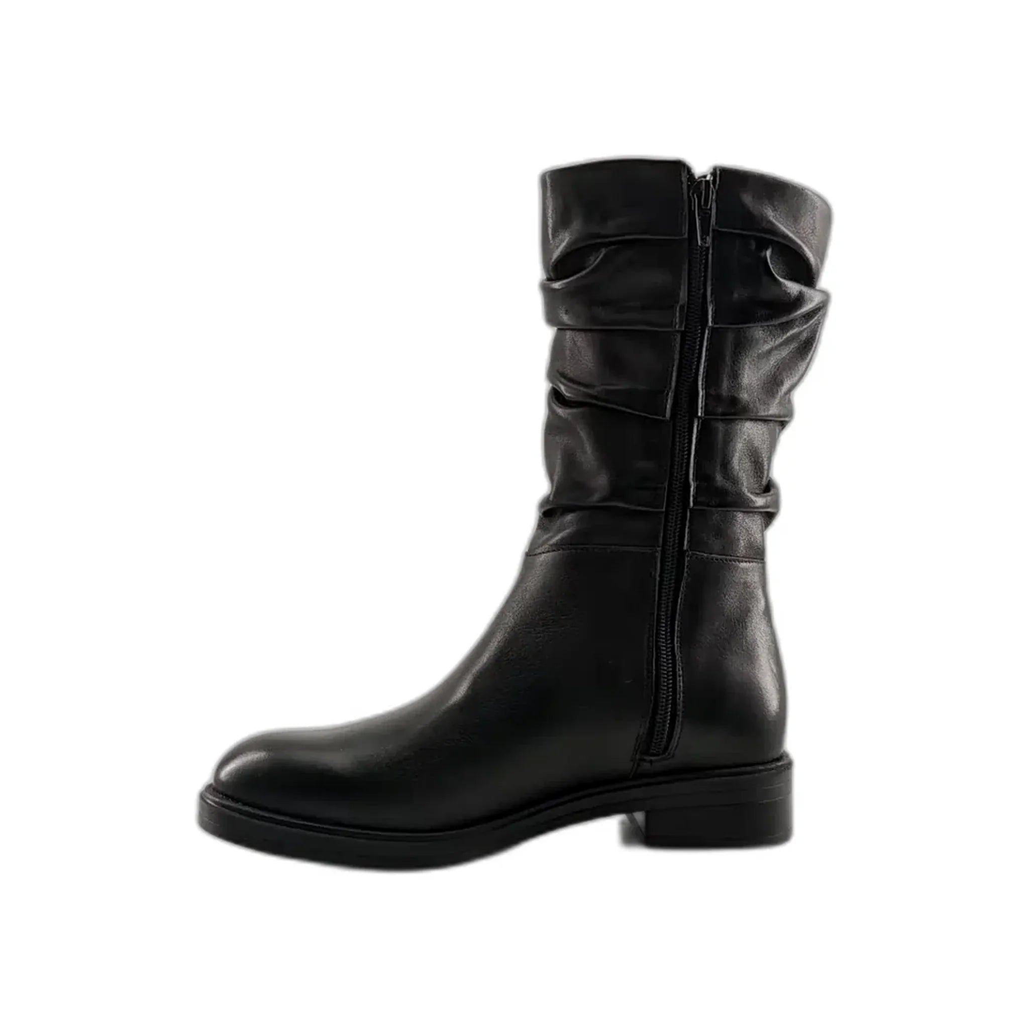 Black mid-calf flat boot with side zipper and ruched leather design