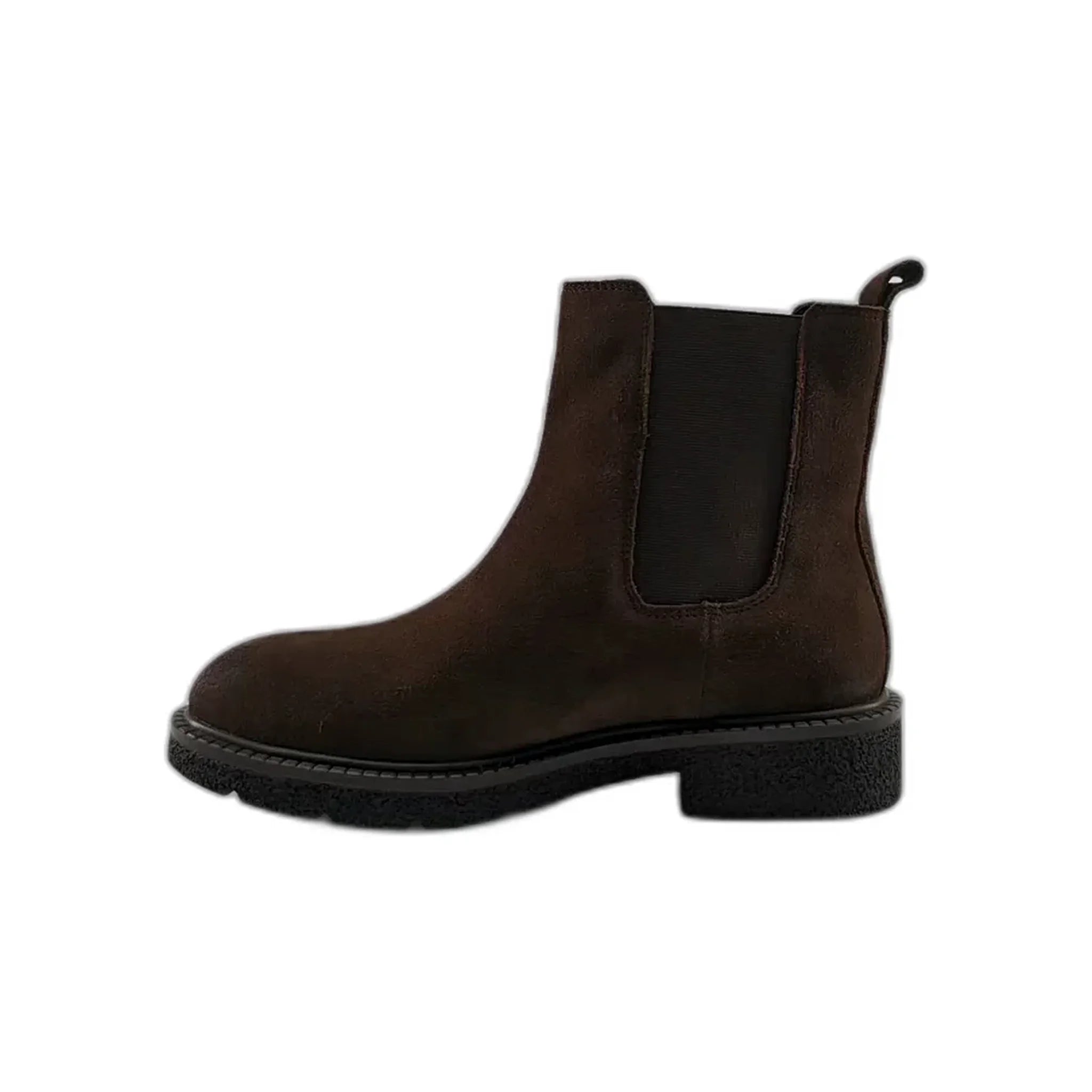 Brown suede Chelsea boot with black elastic side panel and textured sole, side view