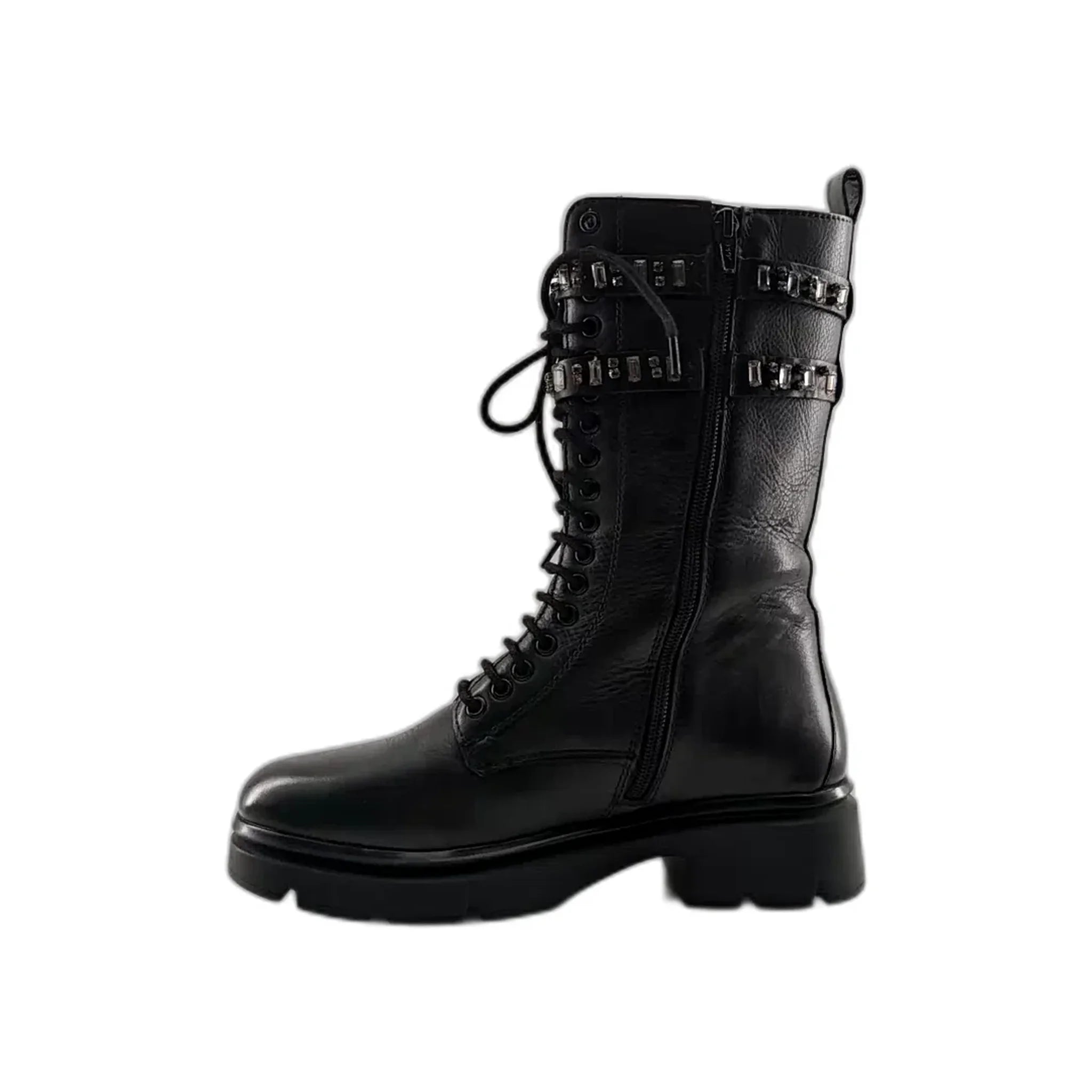 Black leather combat boot with side zipper, lace-up front, and decorative metal studs