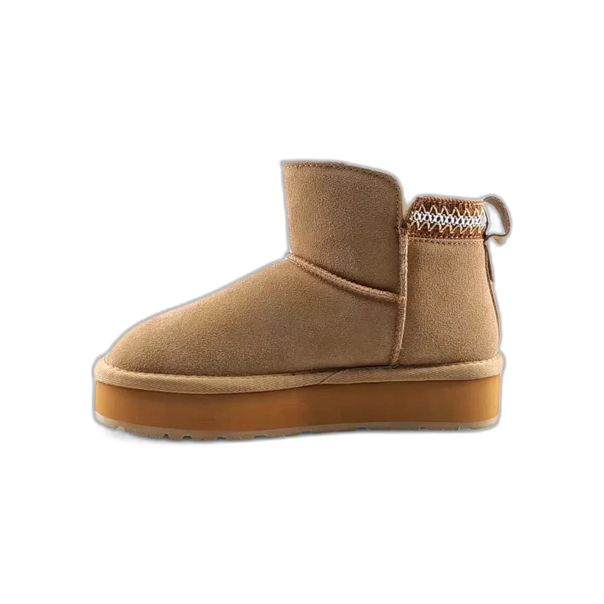 Tan suede ankle boot with thick gum sole and decorative stitched trim on white background